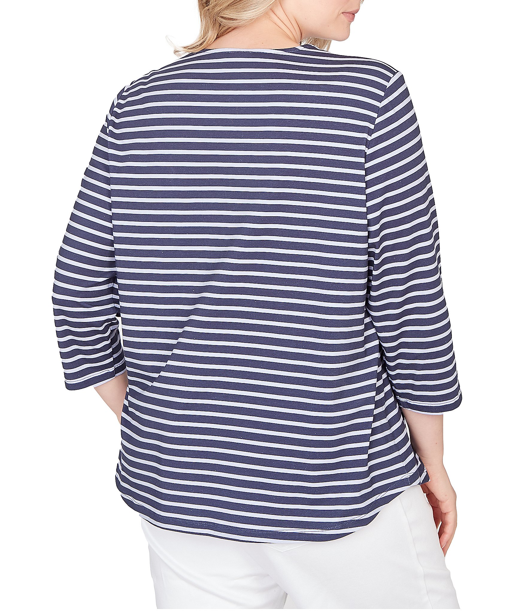 Ruby Rd. Plus Size Yarn-Dyed Cotton Jersey Striped Square Neck 3/4 Sleeve Tee Top