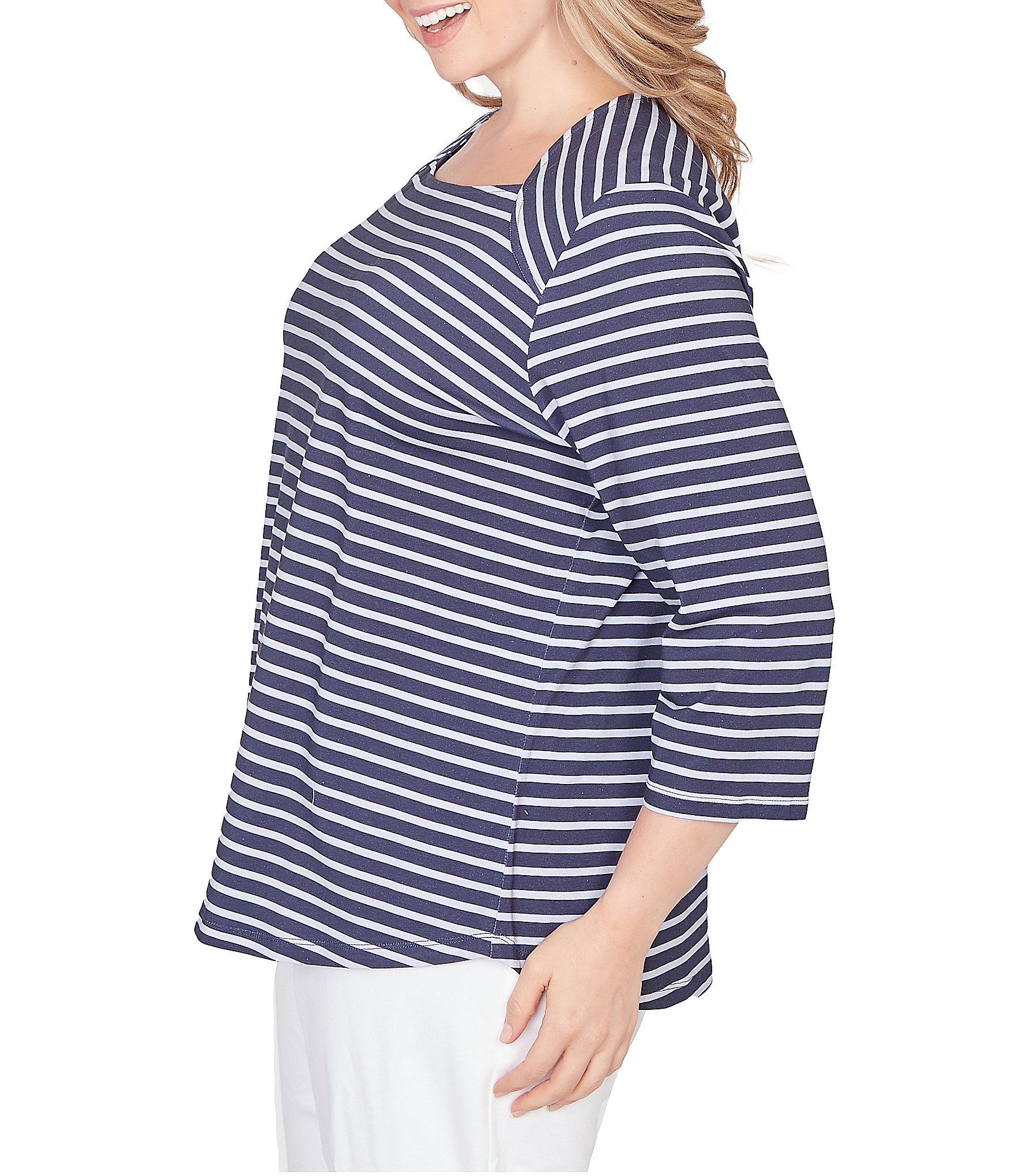 Ruby Rd. Plus Size Yarn-Dyed Cotton Jersey Striped Square Neck 3/4 Sleeve Tee Top