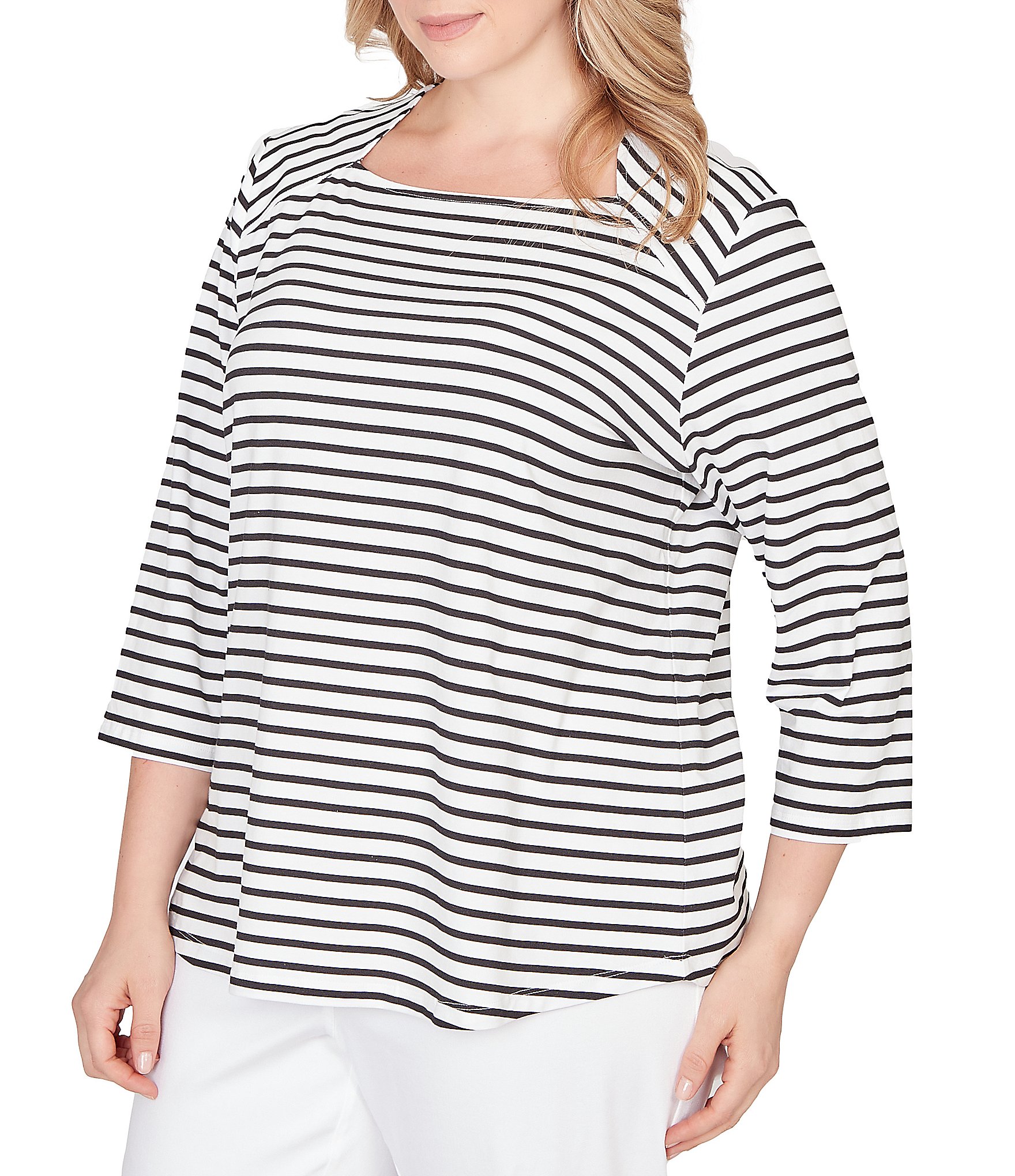 Ruby Rd. Plus Size Yarn-Dyed Cotton Jersey Striped Square Neck 3/4 Sleeve Tee Top