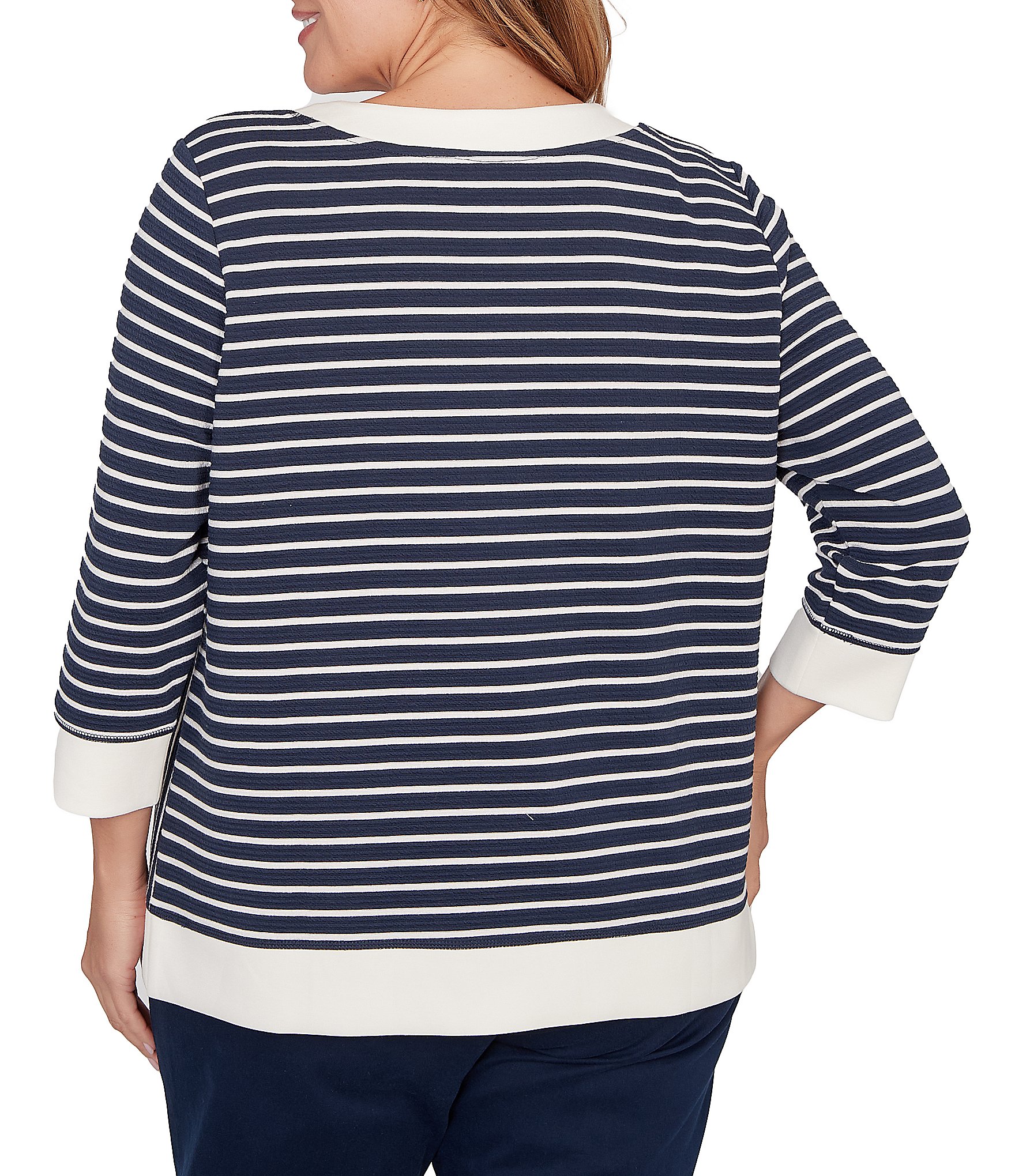 Ruby Rd. Plus Size Yarn-Dyed Stripe Scoop Neck 3/4 Sleeve Top