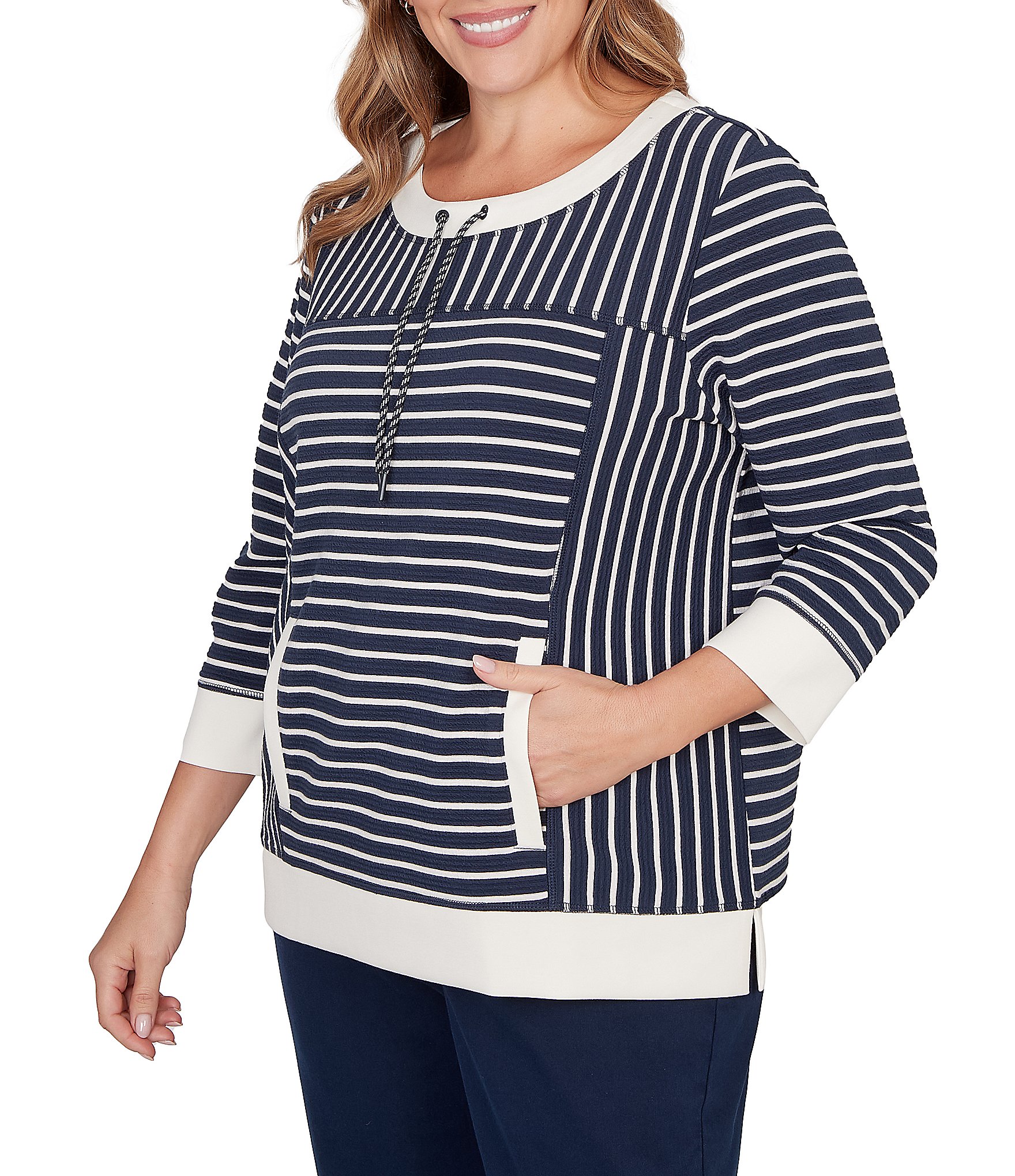 Ruby Rd. Plus Size Yarn-Dyed Stripe Scoop Neck 3/4 Sleeve Top