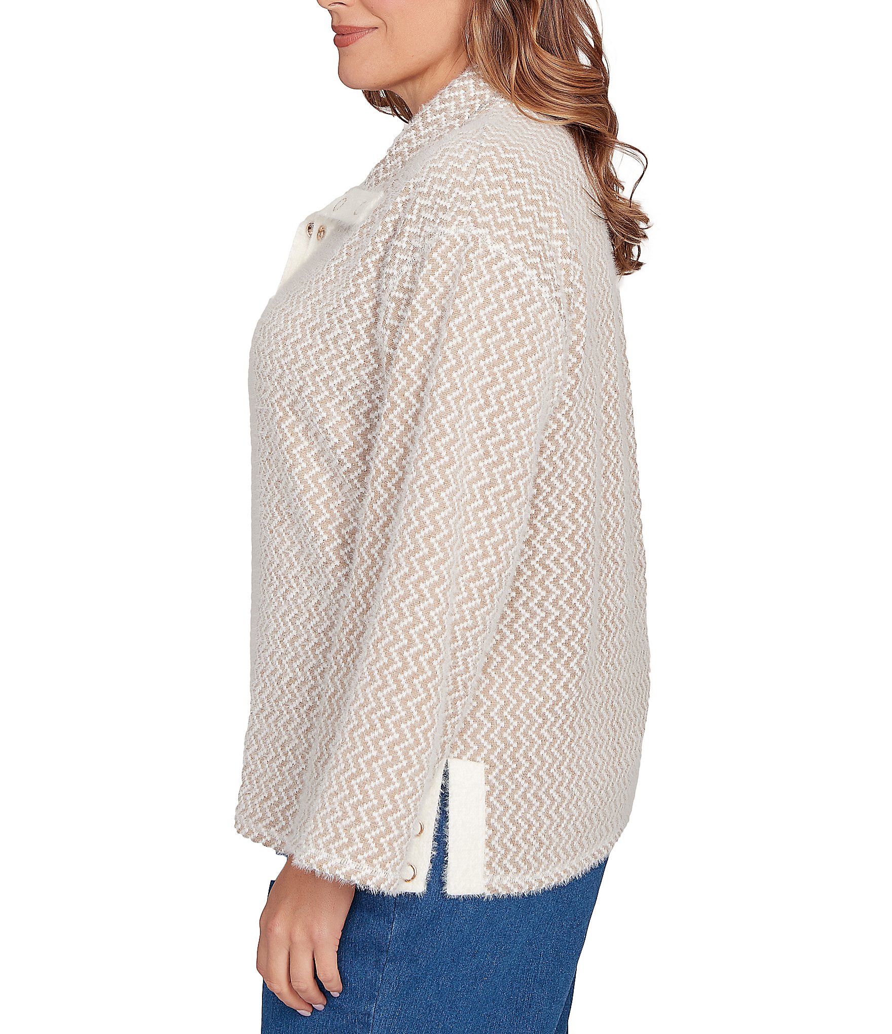 Ruby Rd. Plus Size Zig-Zag High Mock Neck Long Sleeve Knit Top
