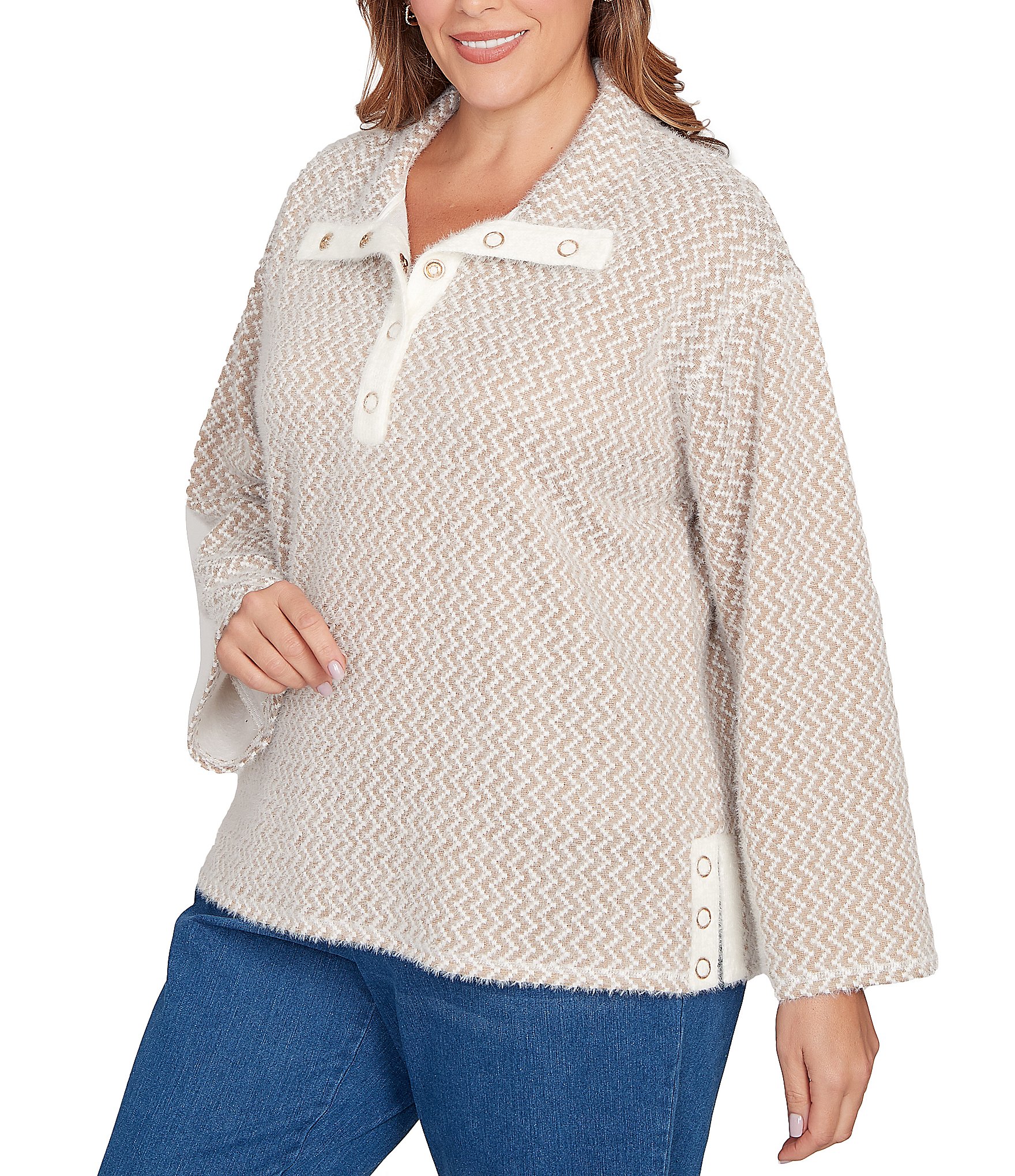 Ruby Rd. Plus Size Zig-Zag High Mock Neck Long Sleeve Knit Top