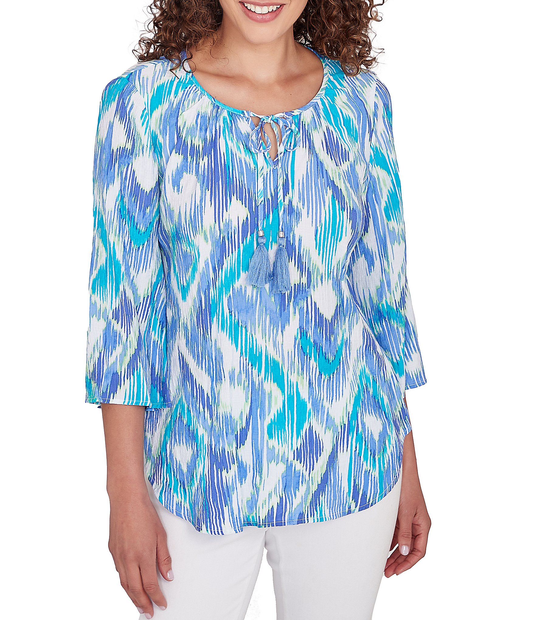 Ruby Rd. Polynesian Gauze Ikat Tassel Ties Split Round Neck 3/4 Sleeve ...