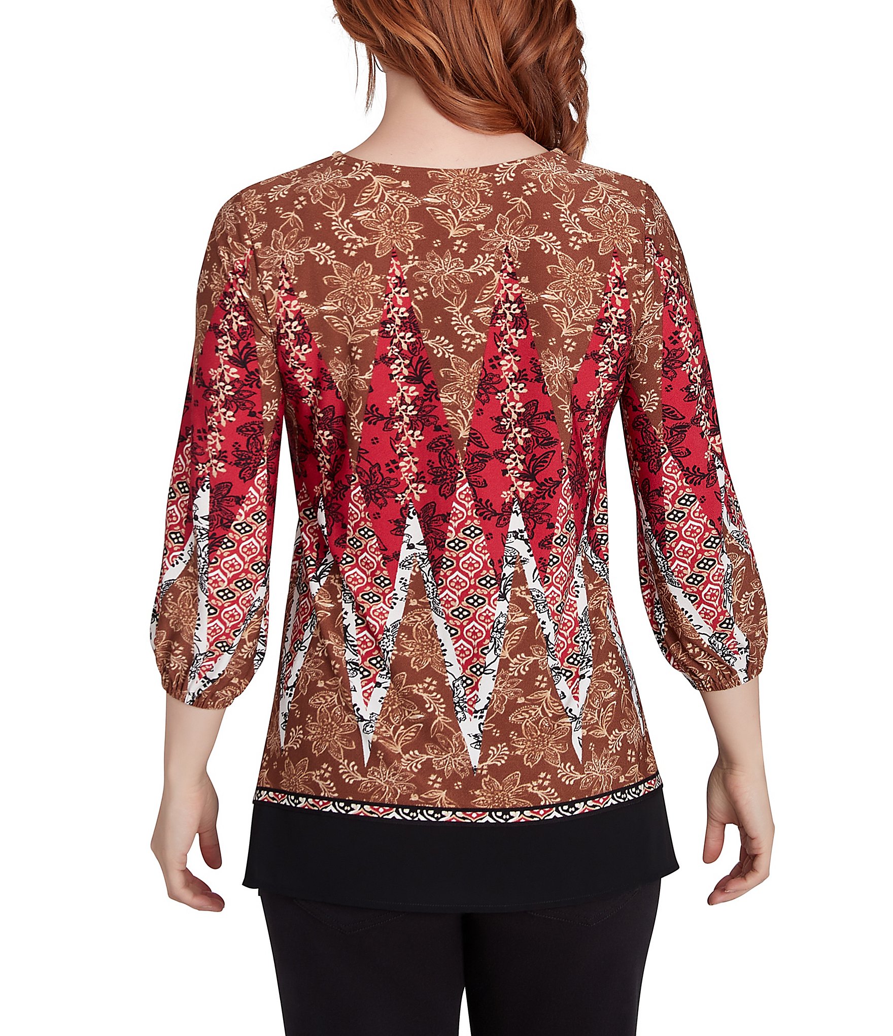 Ruby Rd. Printed Embellished Crepe Knit Split V-Neck 3/4 Sleeve Top