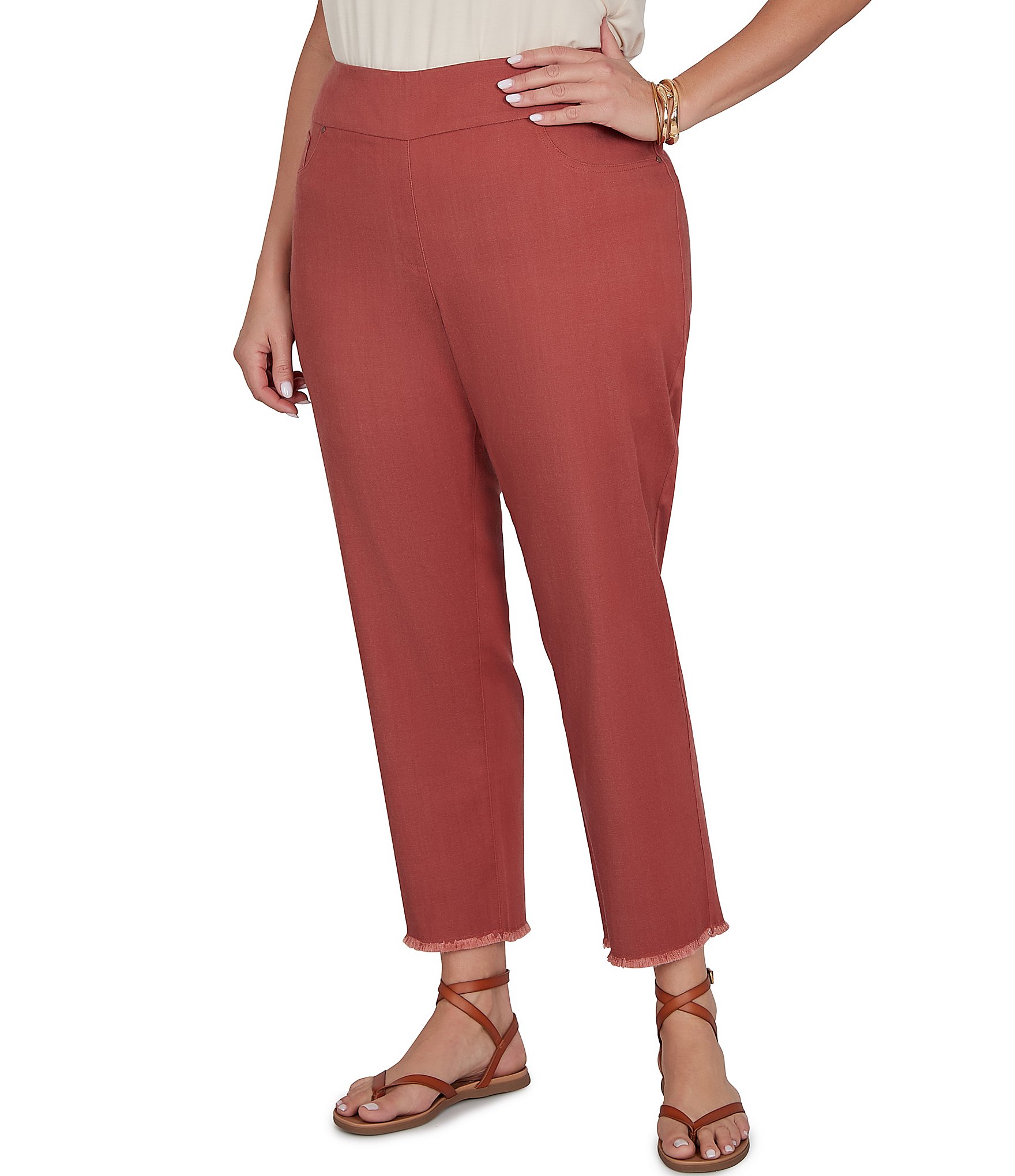 Ruby Rd. Relaxed Fringe Hem Pull-On Ankle Denim Pant