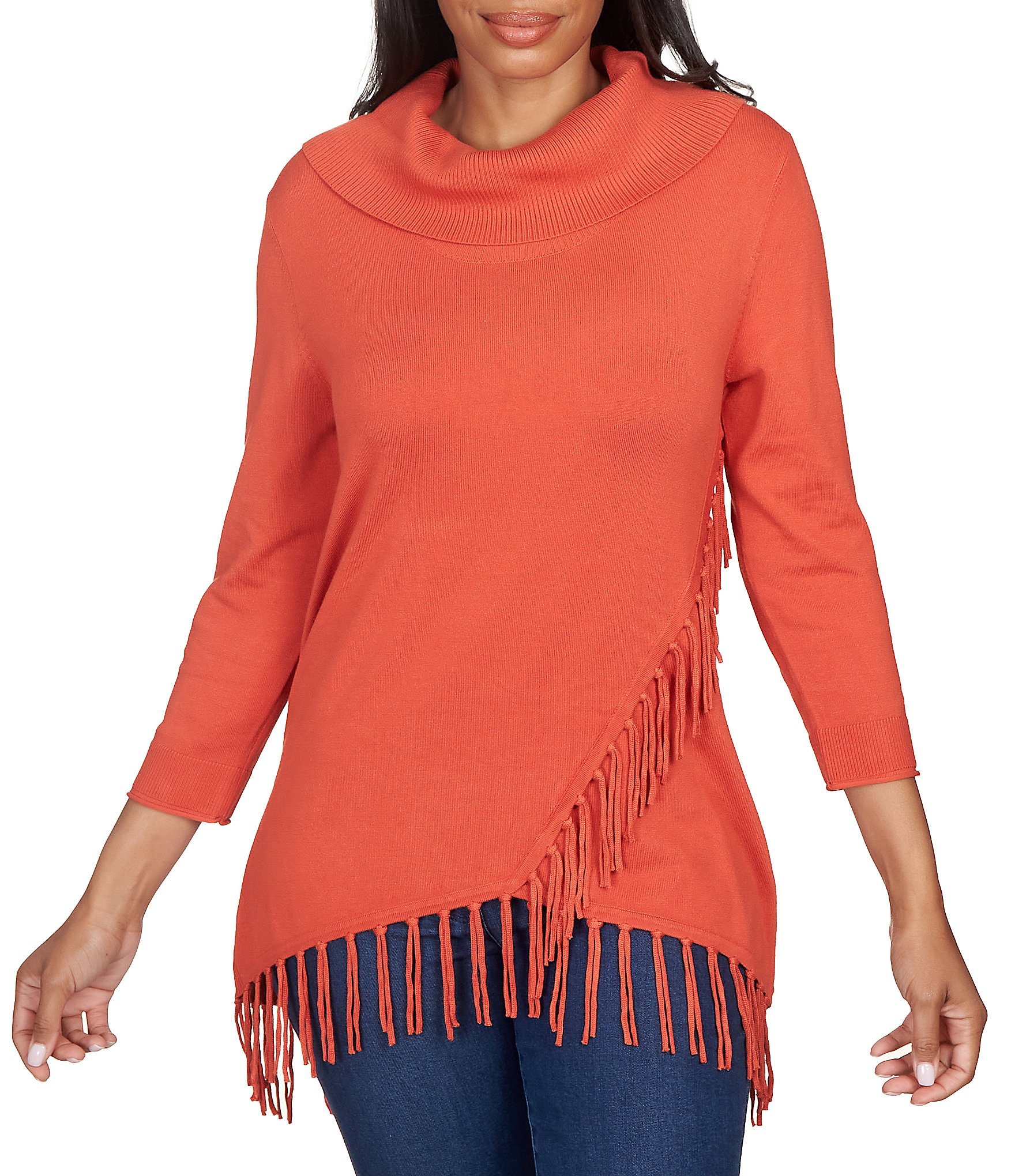 Ruby Rd. Ribbed Cowl Collar 3/4 Sleeve Asymmetrical Fringe Hem Sweater |  Dillard's