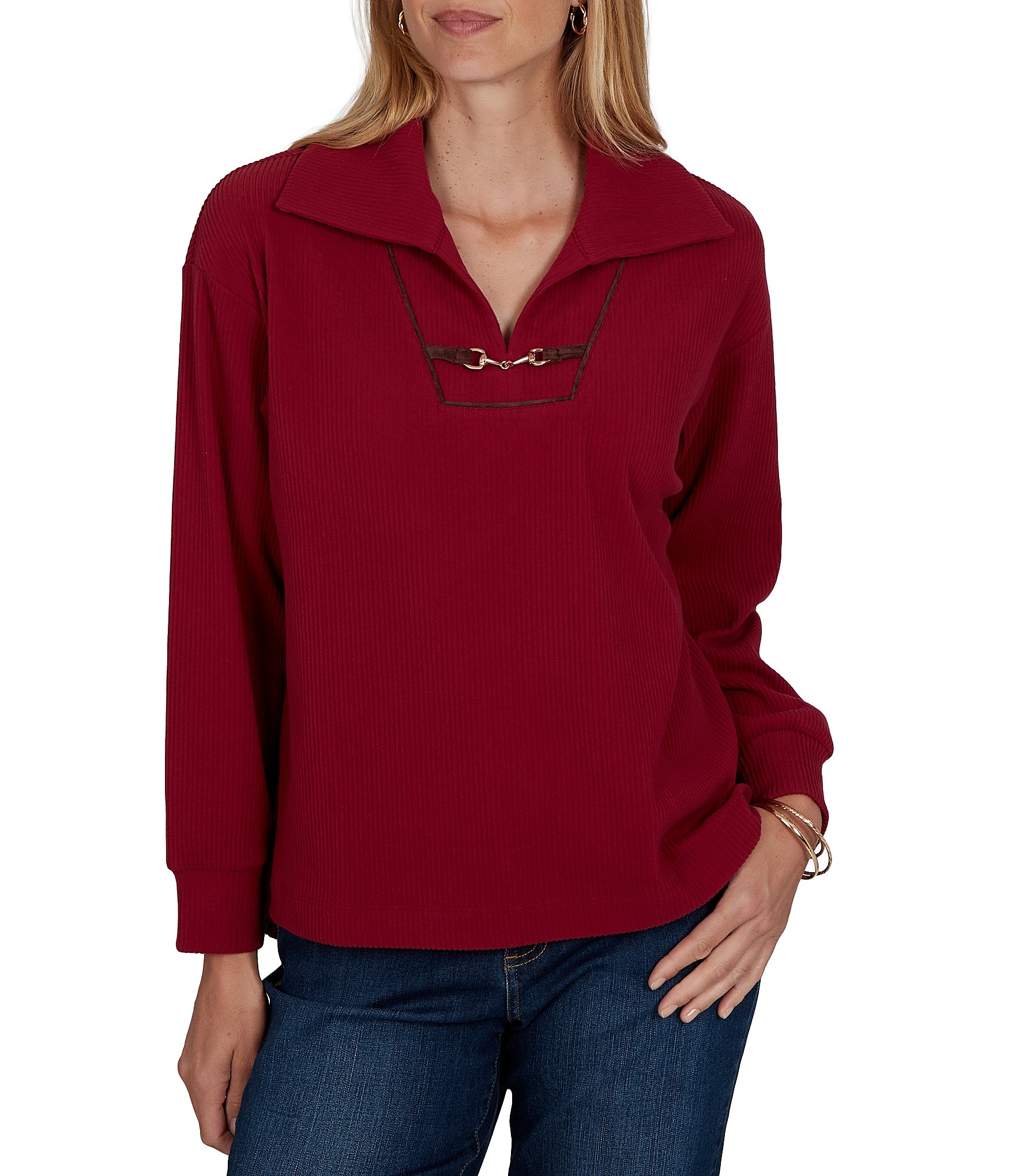 Ruby Rd. Ribbed Knit Faux Suede Trim Portrait Collar Long Sleeve Horse Bit Top