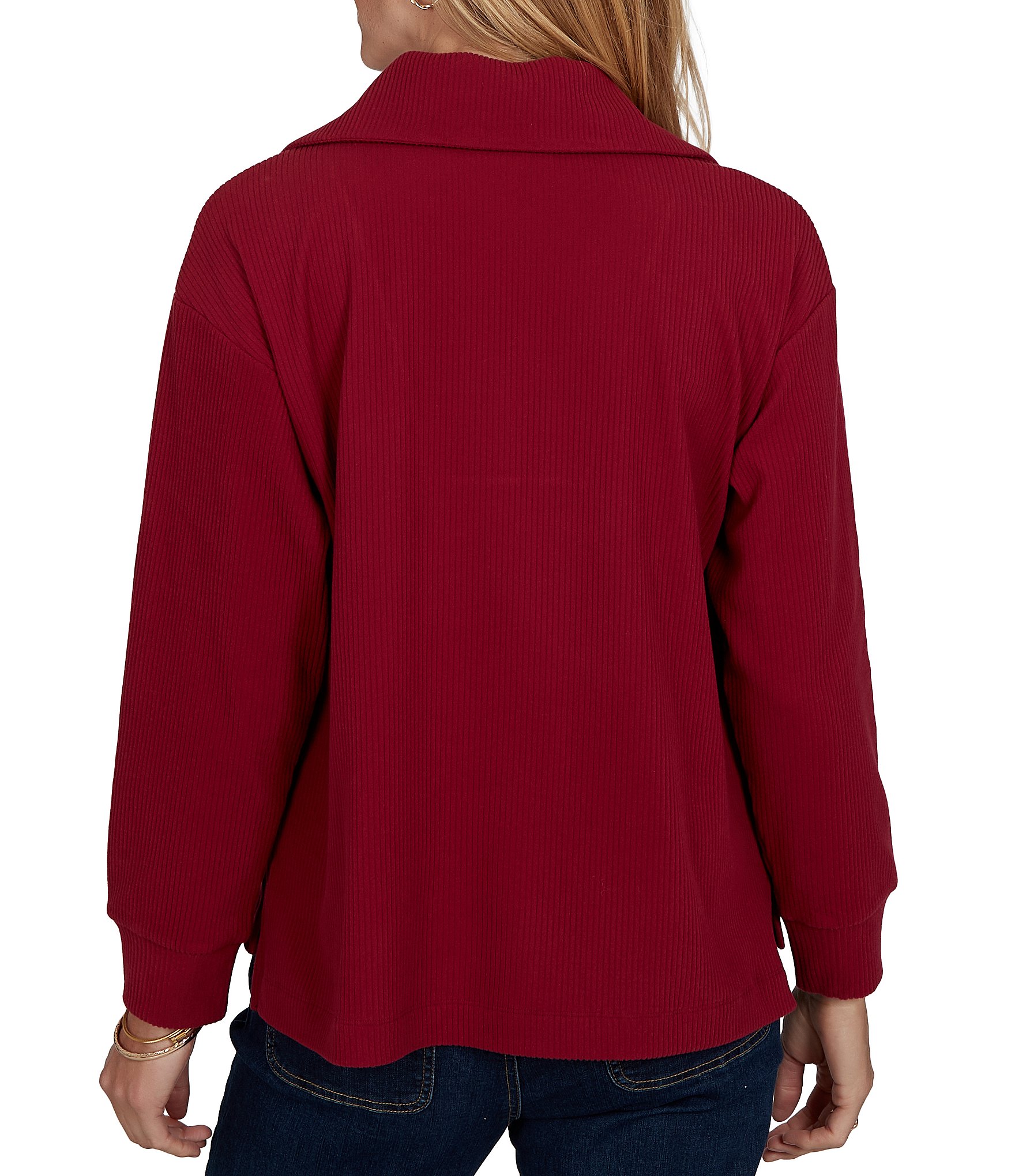 Ruby Rd. Ribbed Knit Faux Suede Trim Portrait Collar Long Sleeve Horse Bit Top