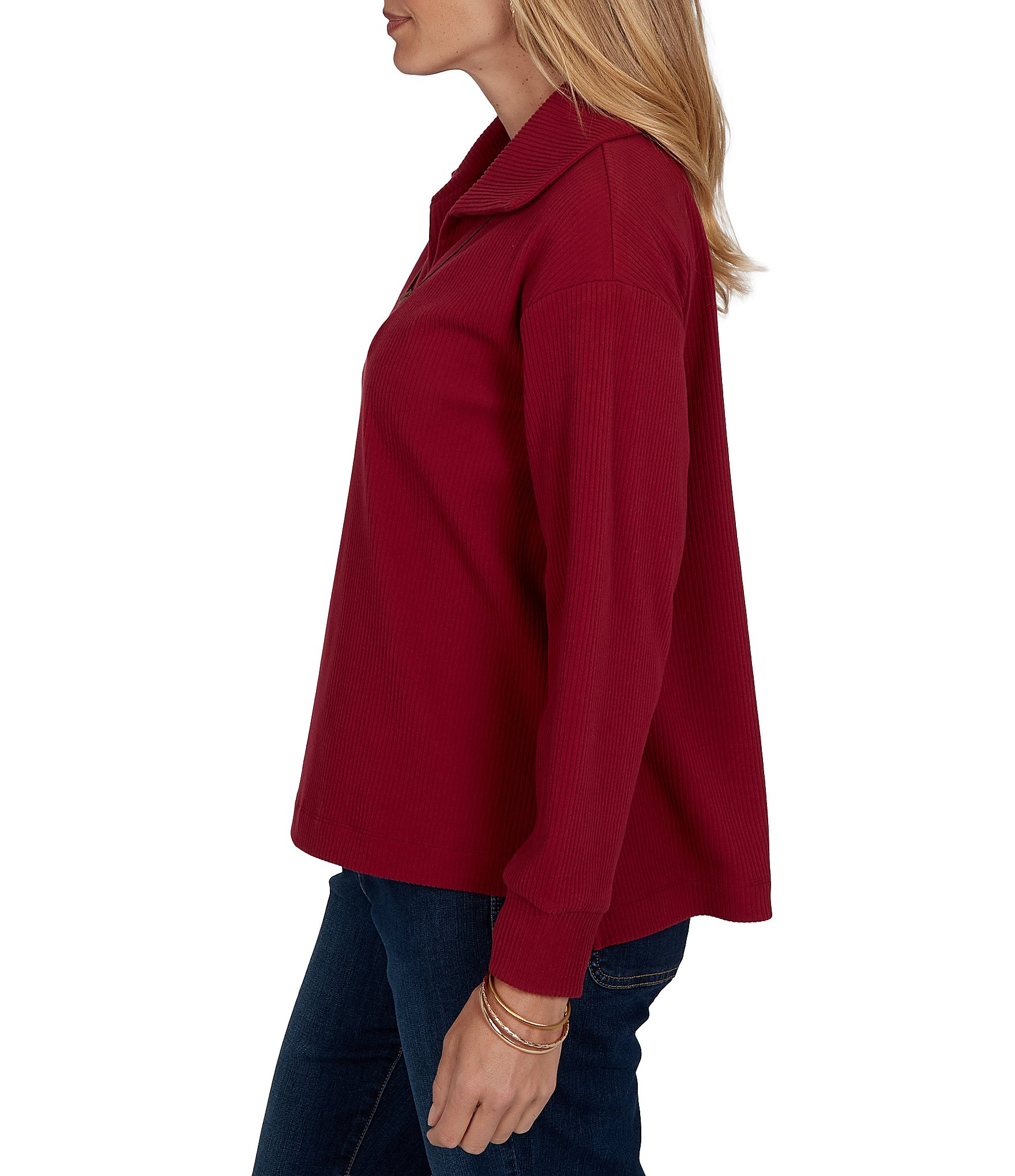 Ruby Rd. Ribbed Knit Faux Suede Trim Portrait Collar Long Sleeve Horse Bit Top