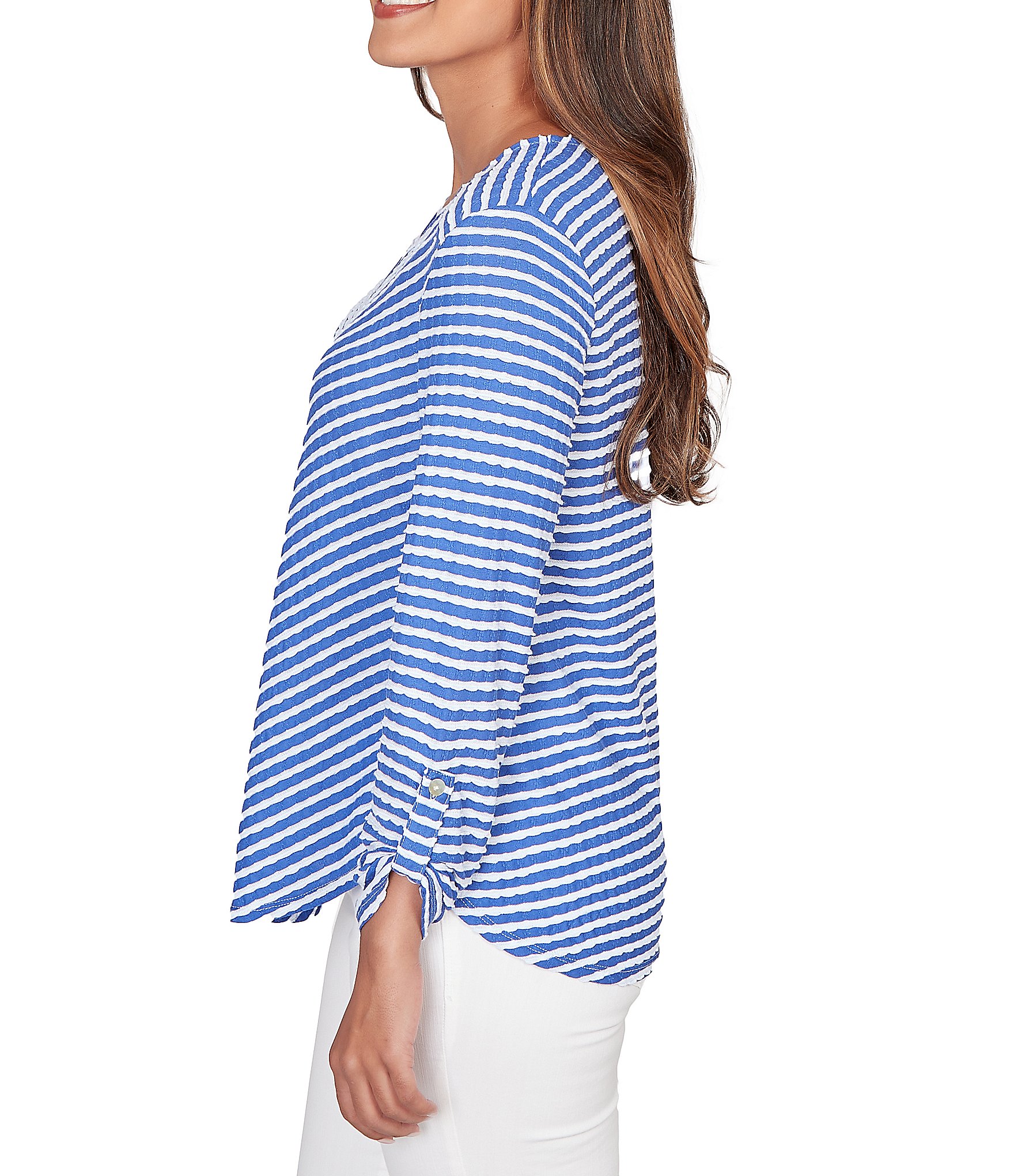Ruby Rd. Scalloped Stripe V-Neck 3/4 Roll-Tab Sleeve Top