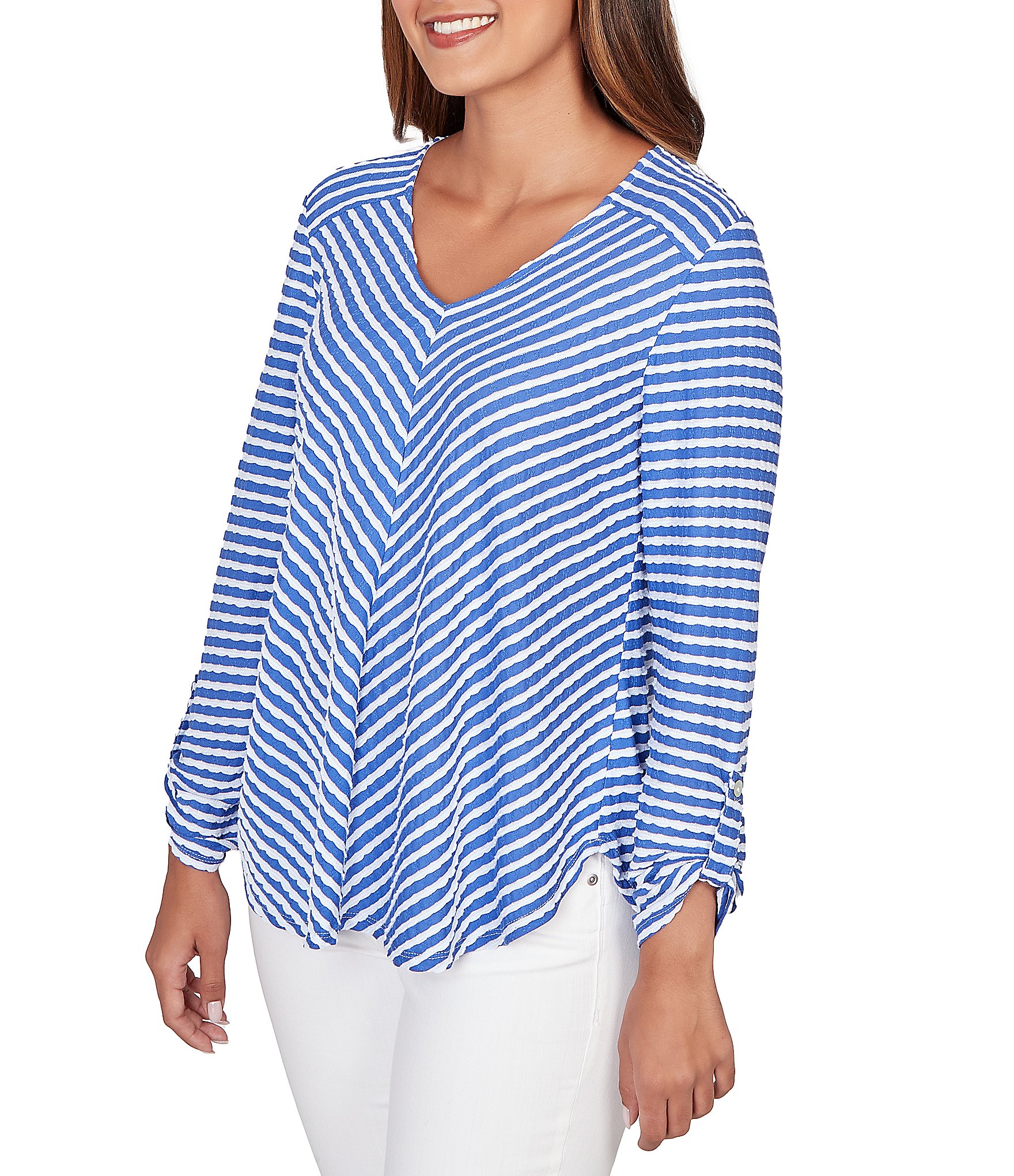 Ruby Rd. Scalloped Stripe V-Neck 3/4 Roll-Tab Sleeve Top