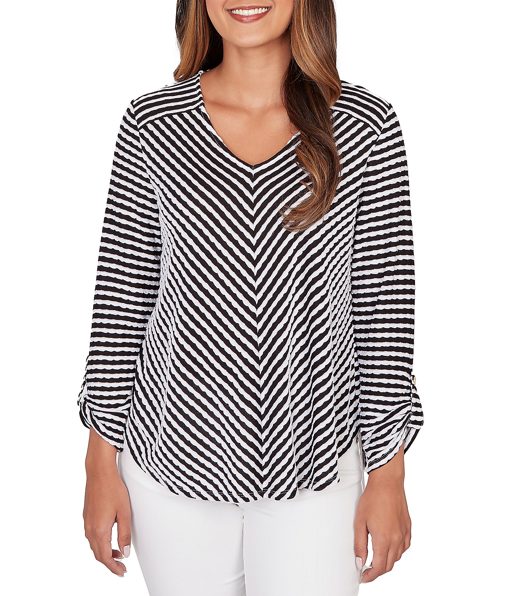 Ruby Rd. Scalloped Stripe V-Neck 3/4 Roll-Tab Sleeve Top