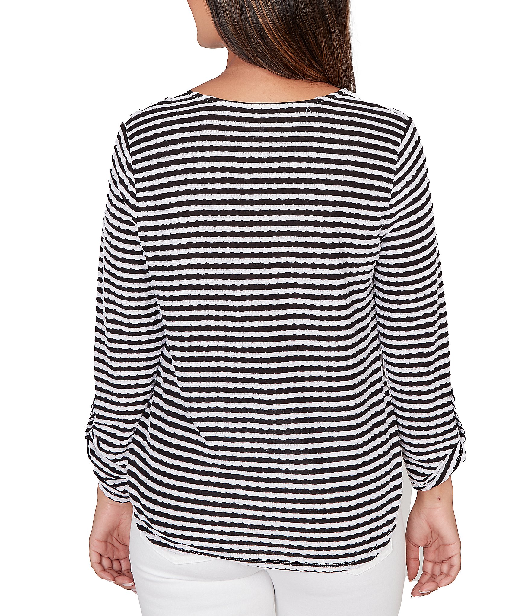 Ruby Rd. Scalloped Stripe V-Neck 3/4 Roll-Tab Sleeve Top
