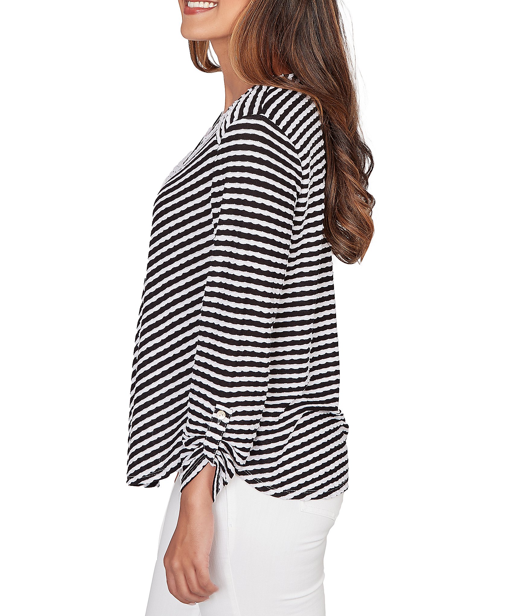 Ruby Rd. Scalloped Stripe V-Neck 3/4 Roll-Tab Sleeve Top