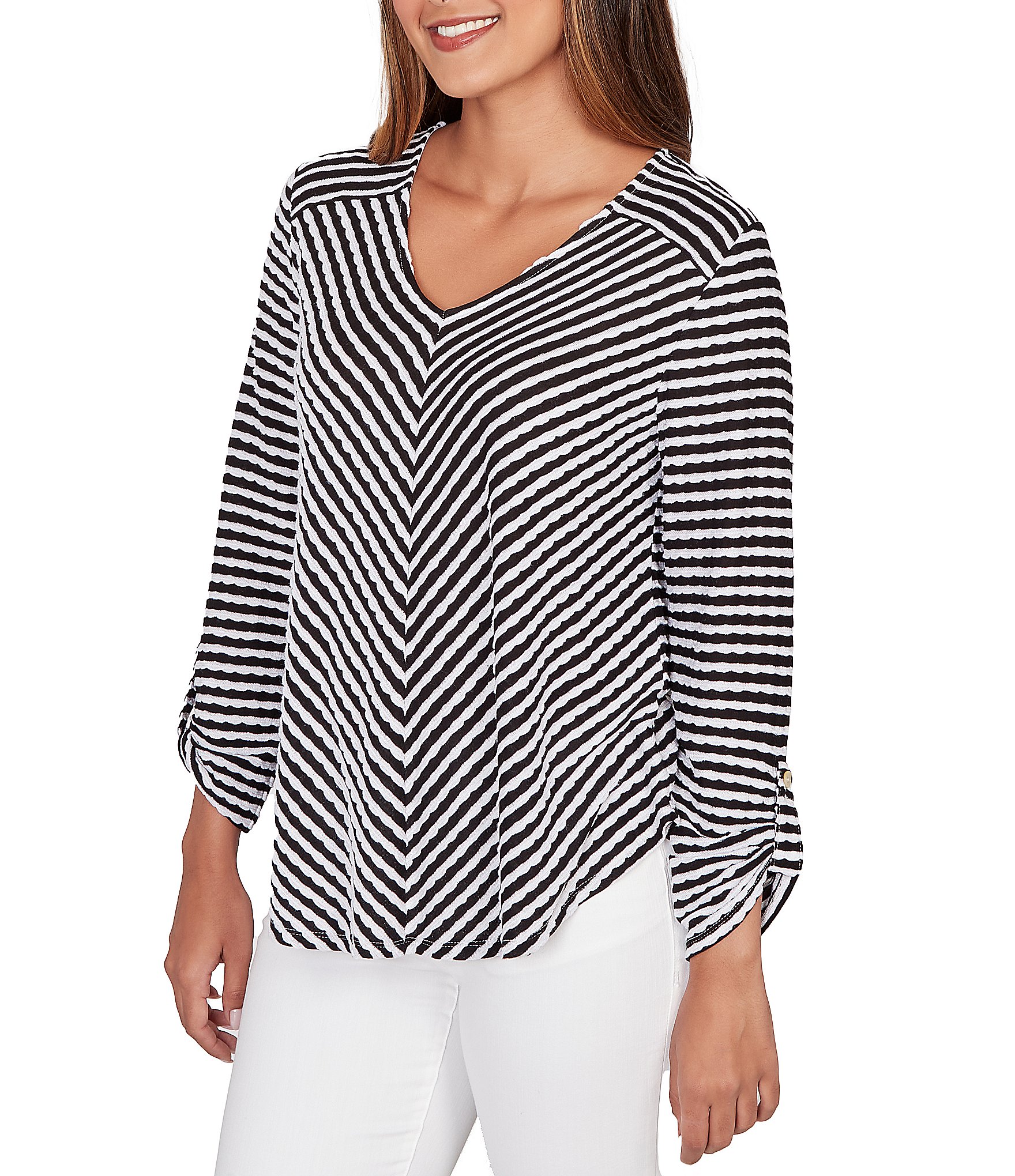 Ruby Rd. Scalloped Stripe V-Neck 3/4 Roll-Tab Sleeve Top