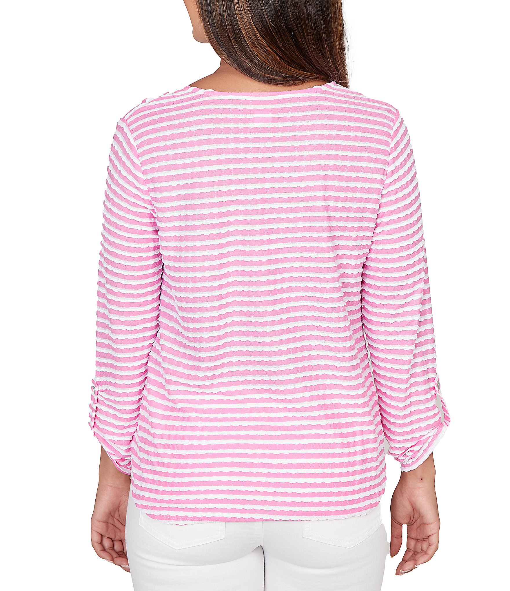 Ruby Rd. Scalloped Stripe V-Neck 3/4 Roll-Tab Sleeve Top