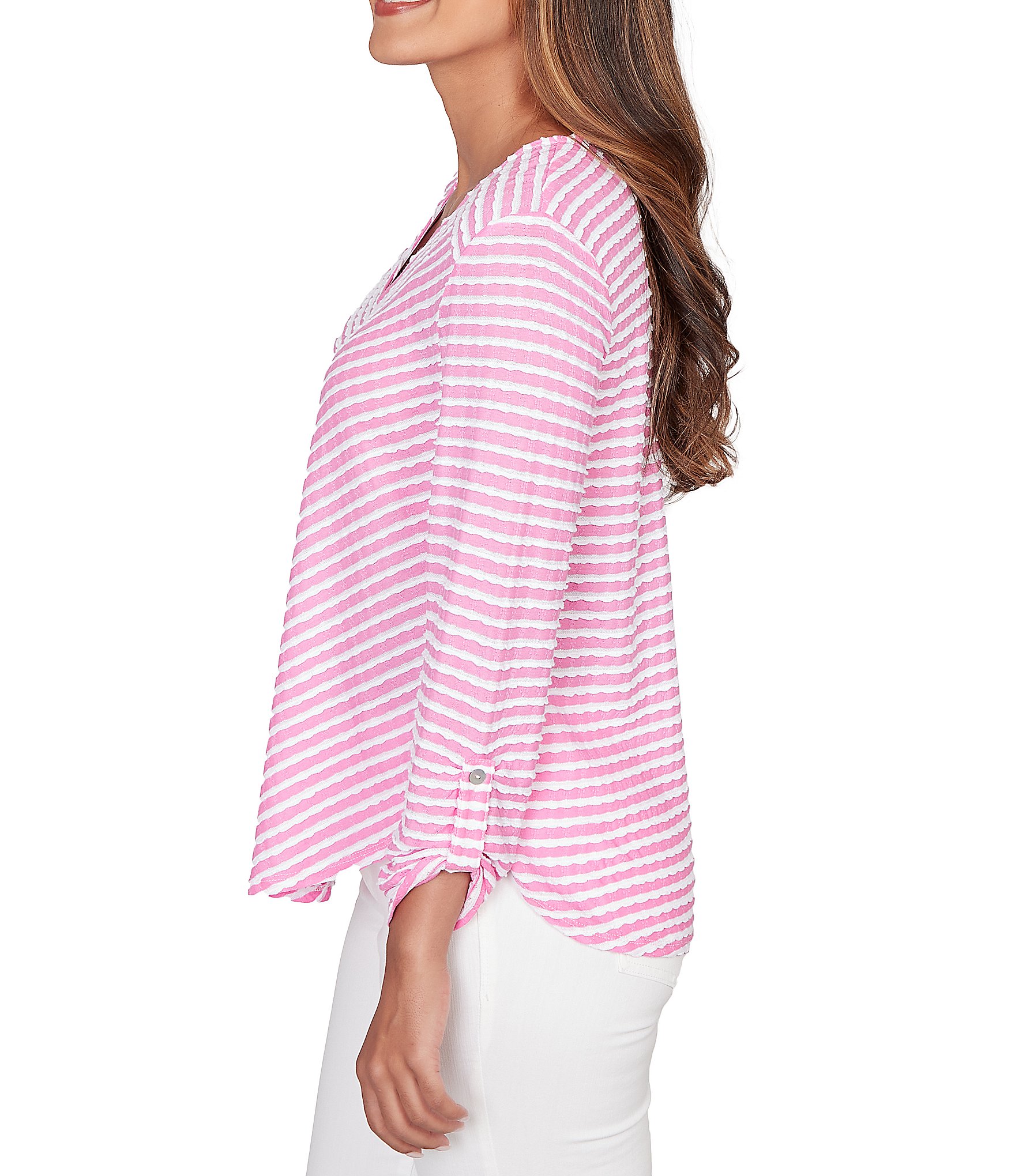Ruby Rd. Scalloped Stripe V-Neck 3/4 Roll-Tab Sleeve Top