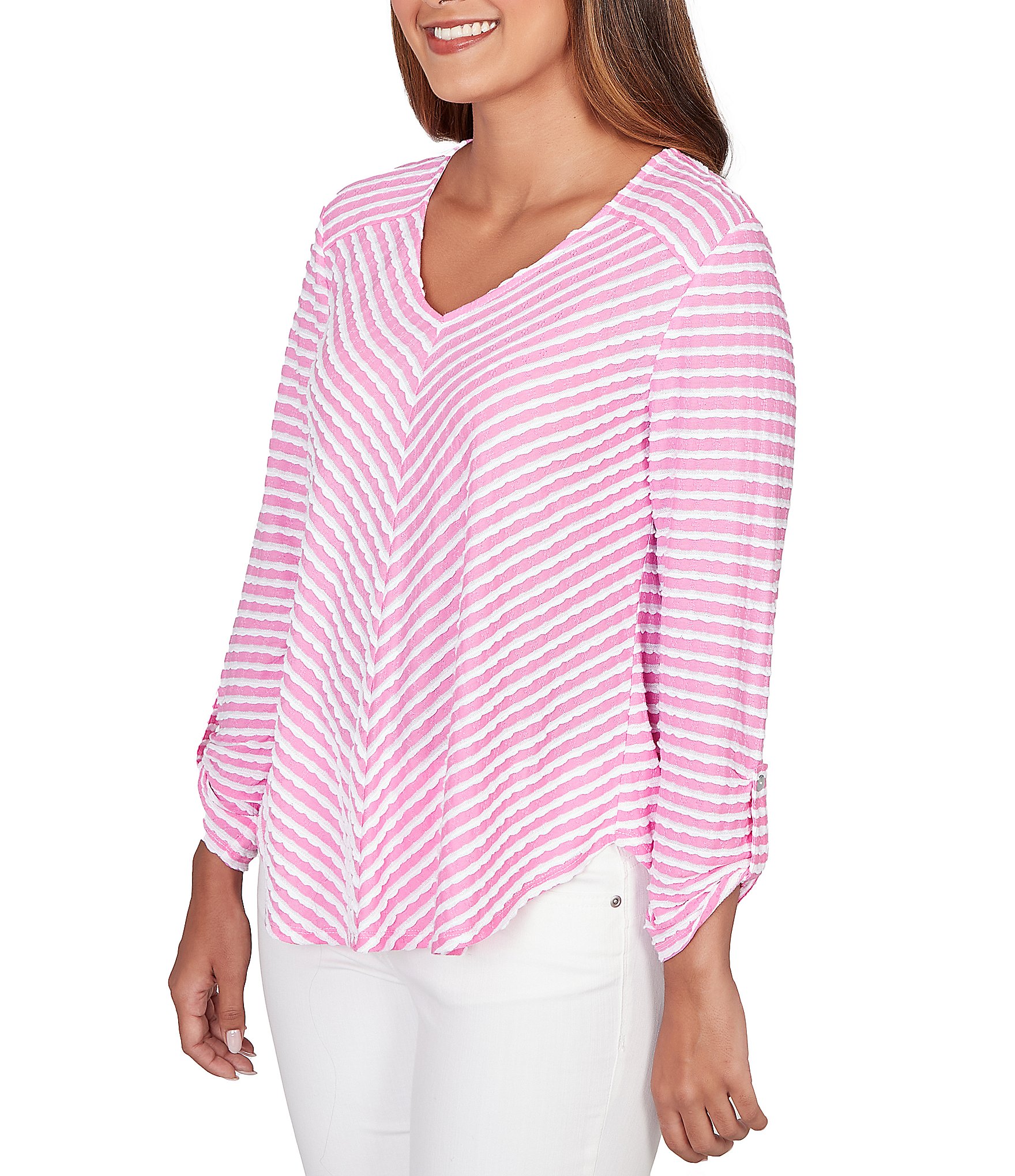 Ruby Rd. Scalloped Stripe V-Neck 3/4 Roll-Tab Sleeve Top
