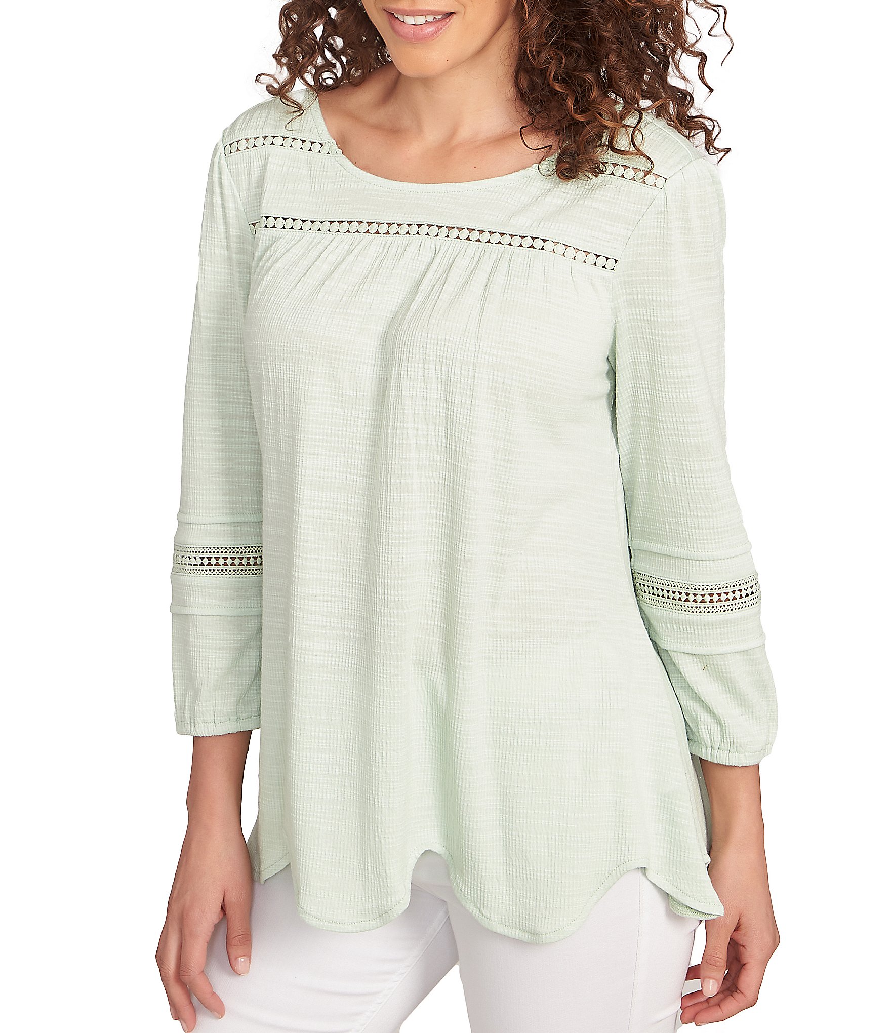 Ruby Rd. Knit Scoop Neck 3/4 Bishop Sleeve Lace Trim Scallop Hem Top