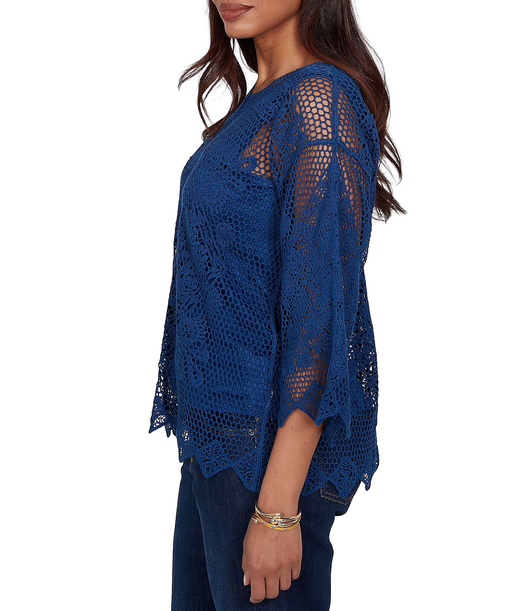 Ruby Rd. Scoop Neck 3/4 Sleeve Medallion Crochet Lace Top