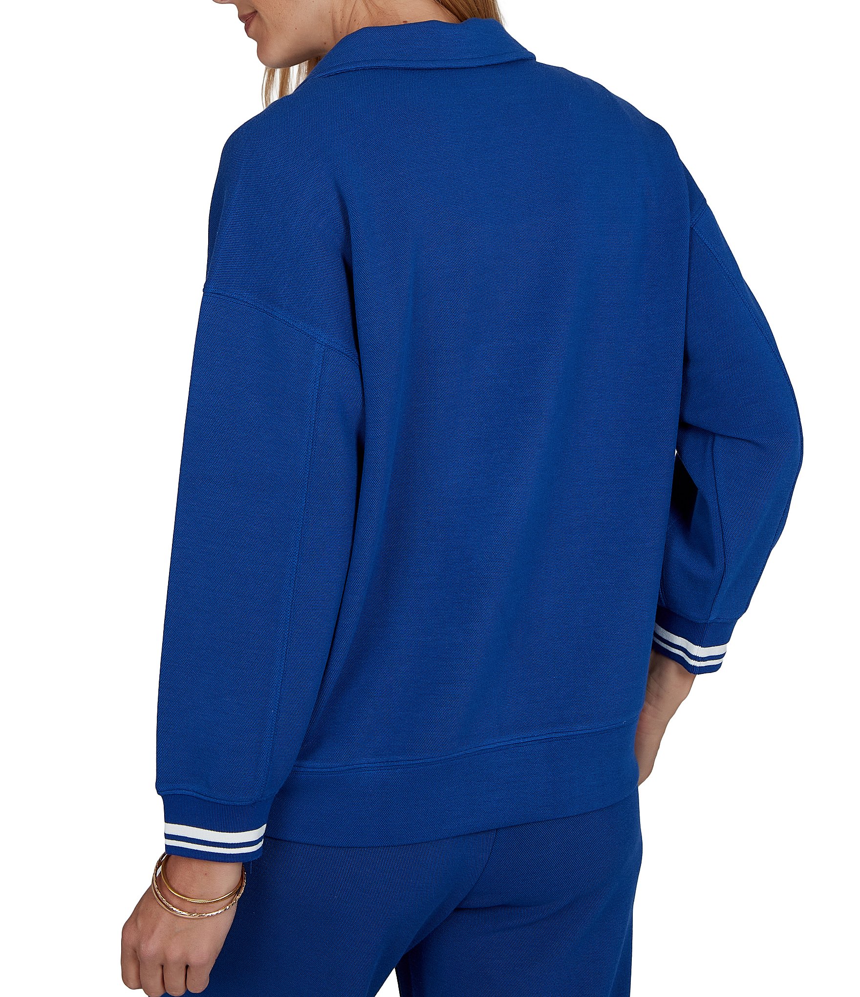 Ruby Rd. Coordinating Scuba Pique Point Collar 3/4 Sleeve Stripe Trim Pullover