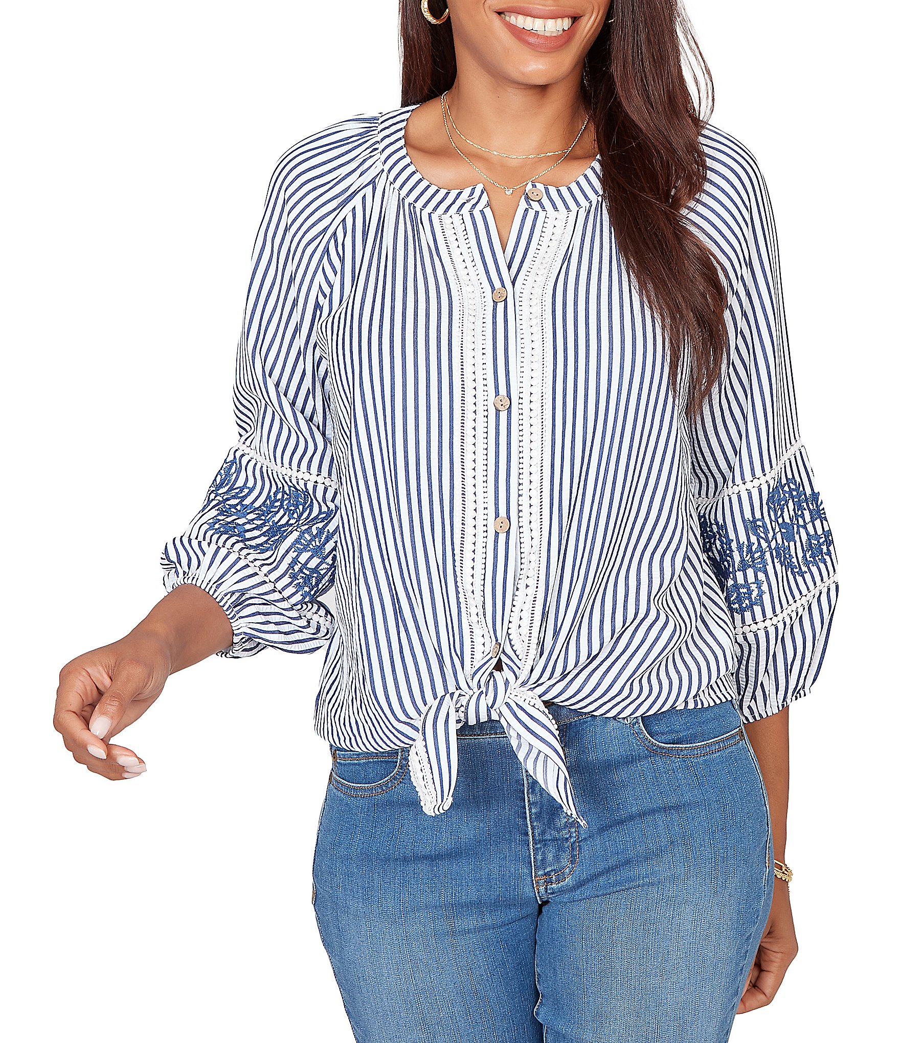Ruby Rd. Seersucker Woven Stripe Band Collar 3/4 Embroidered Sleeve Tie-Front Blouse