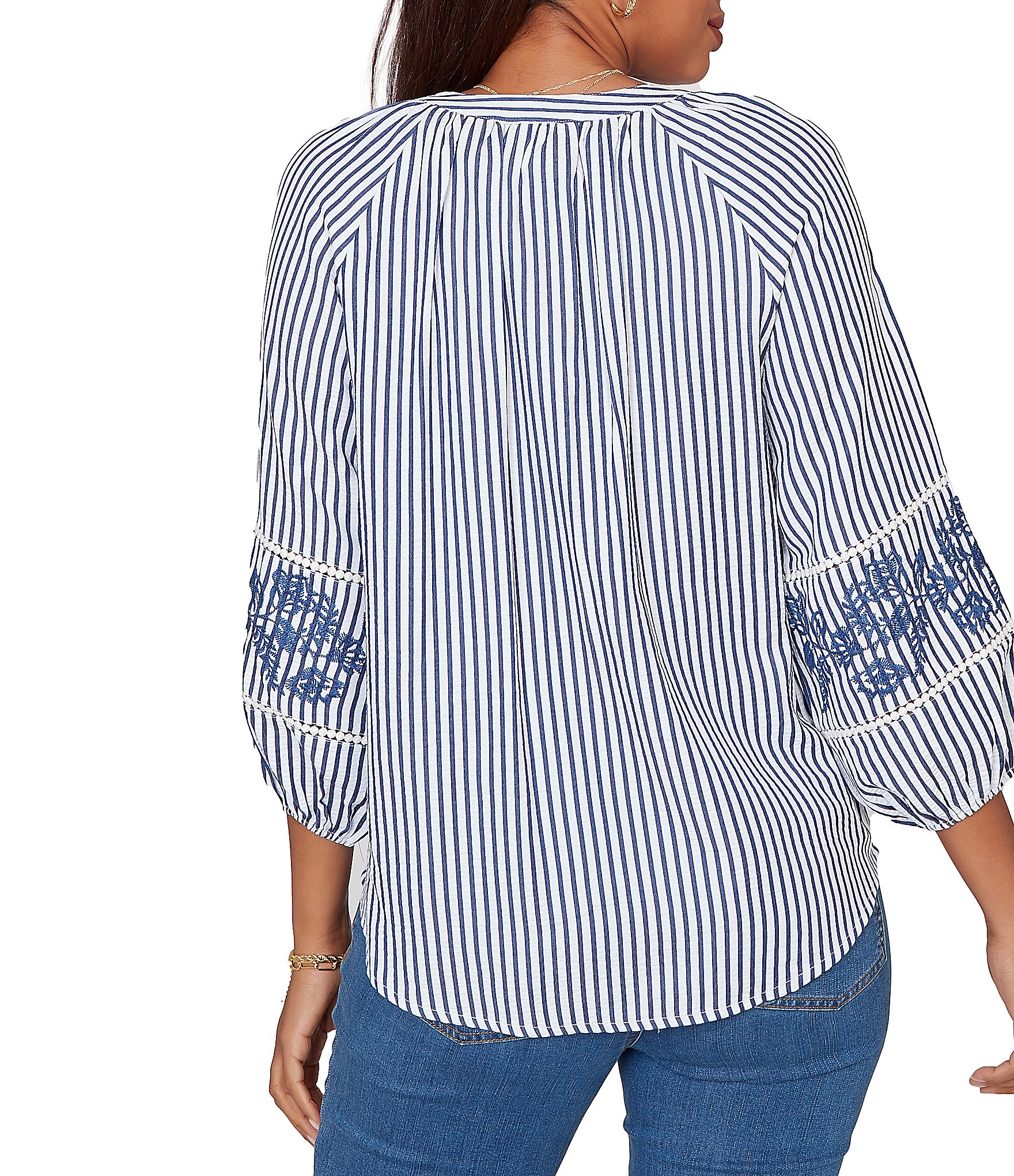 Ruby Rd. Seersucker Woven Stripe Band Collar 3/4 Embroidered Sleeve Tie-Front Blouse