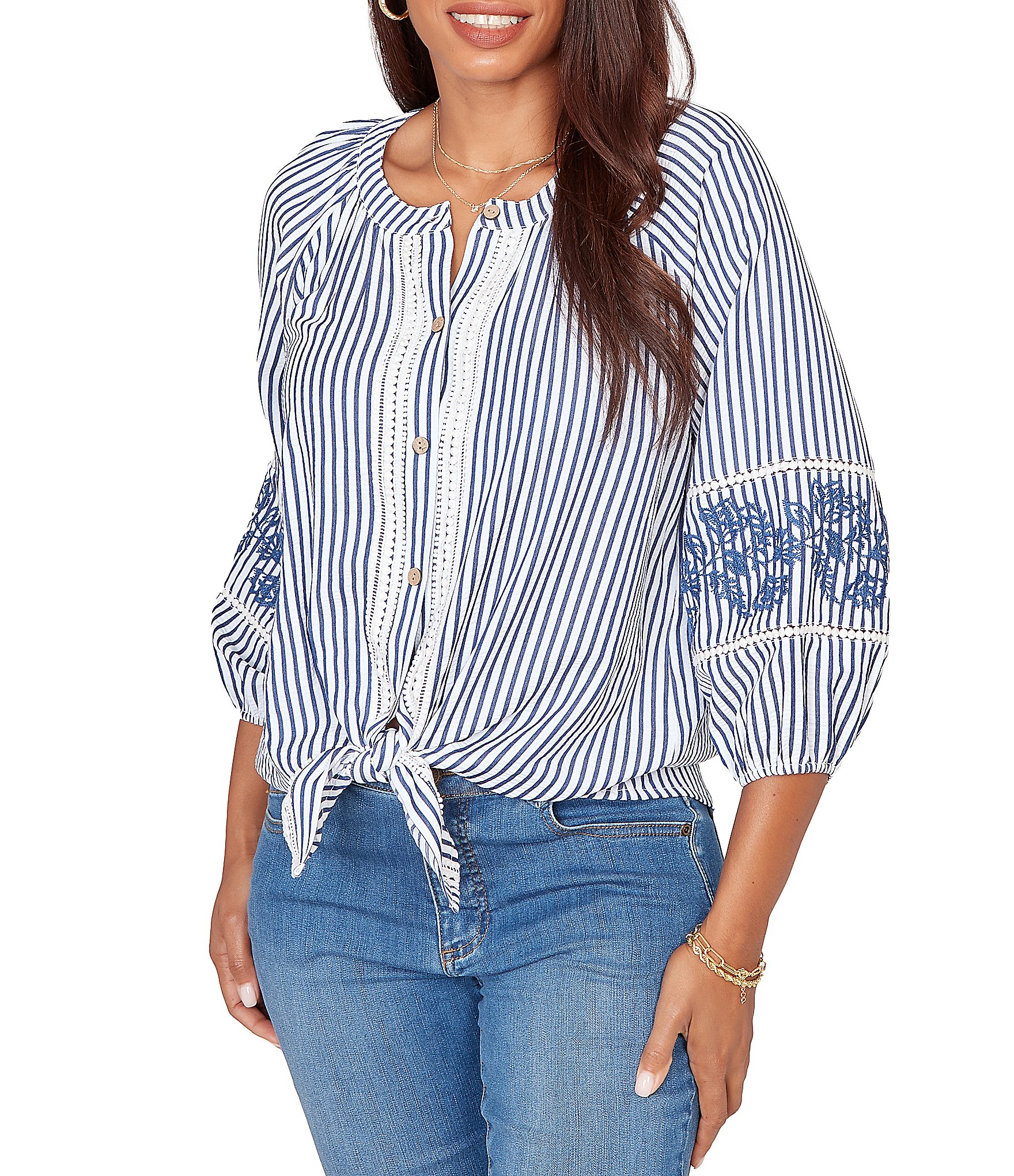 Ruby Rd. Seersucker Woven Stripe Band Collar 3/4 Embroidered Sleeve Tie-Front Blouse