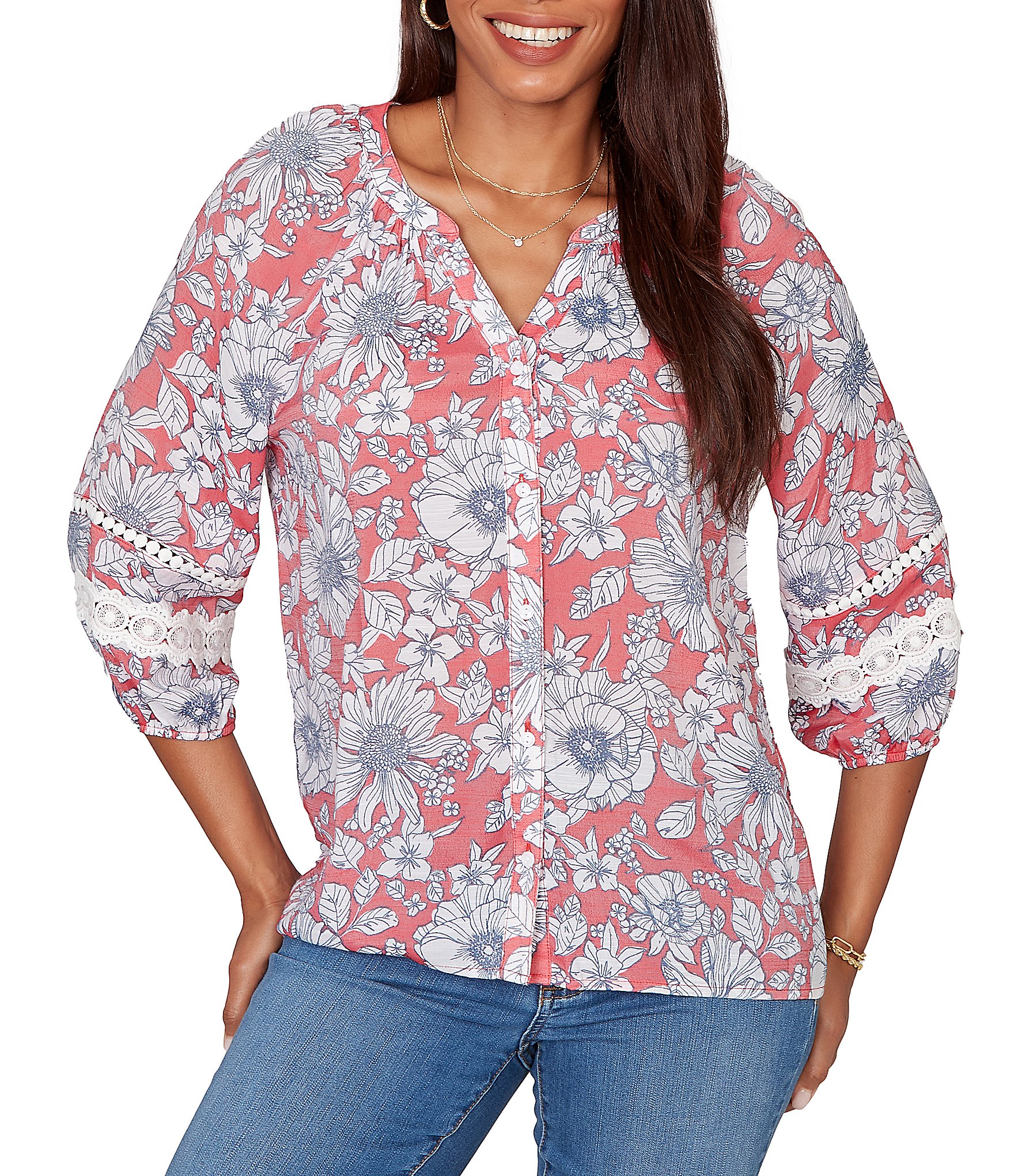 Ruby Rd. Silky Gauze Woven Floral Split V-Neck 3/4 Lace Inset Sleeve Blouse