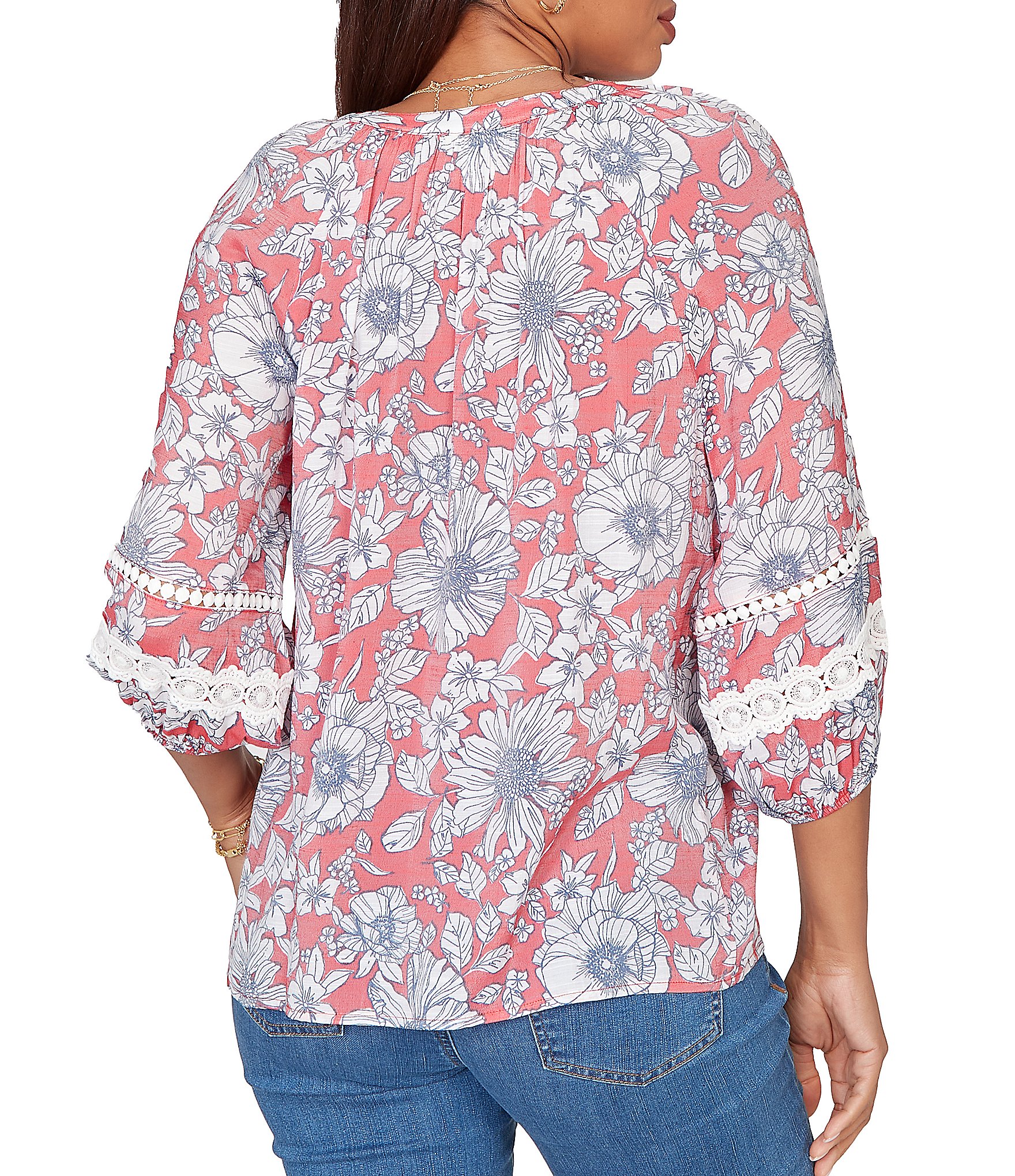 Ruby Rd. Silky Gauze Woven Floral Split V-Neck 3/4 Lace Inset Sleeve Blouse