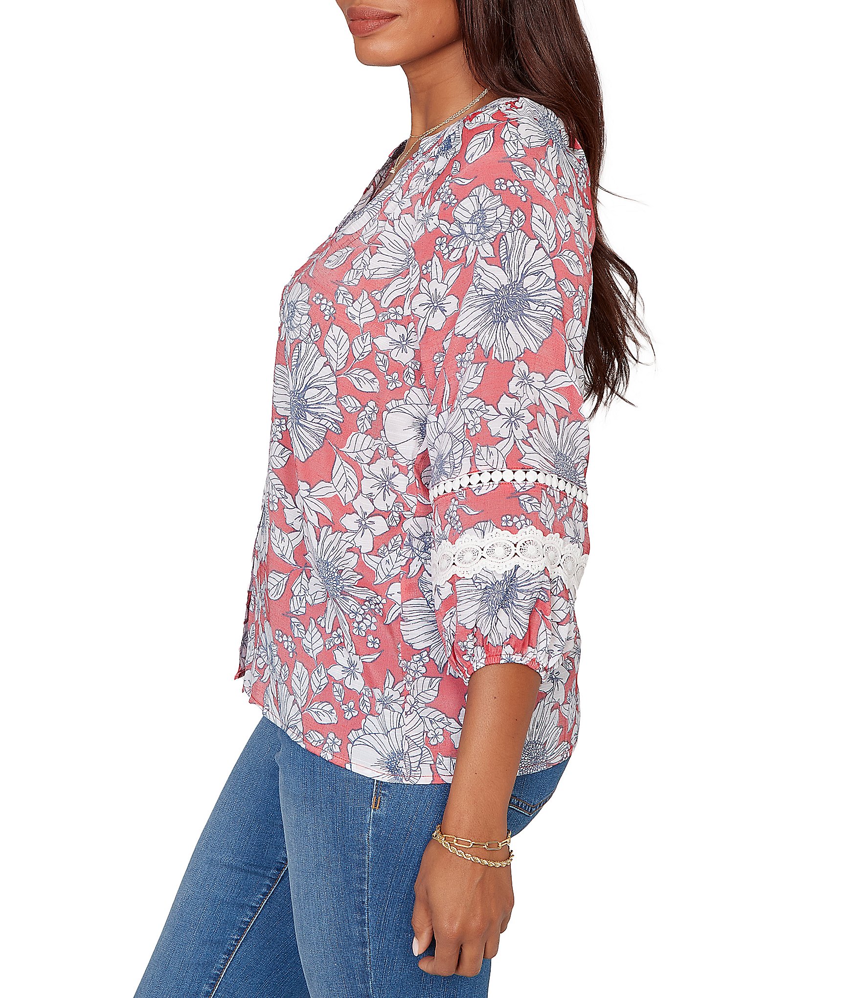 Ruby Rd. Silky Gauze Woven Floral Split V-Neck 3/4 Lace Inset Sleeve Blouse