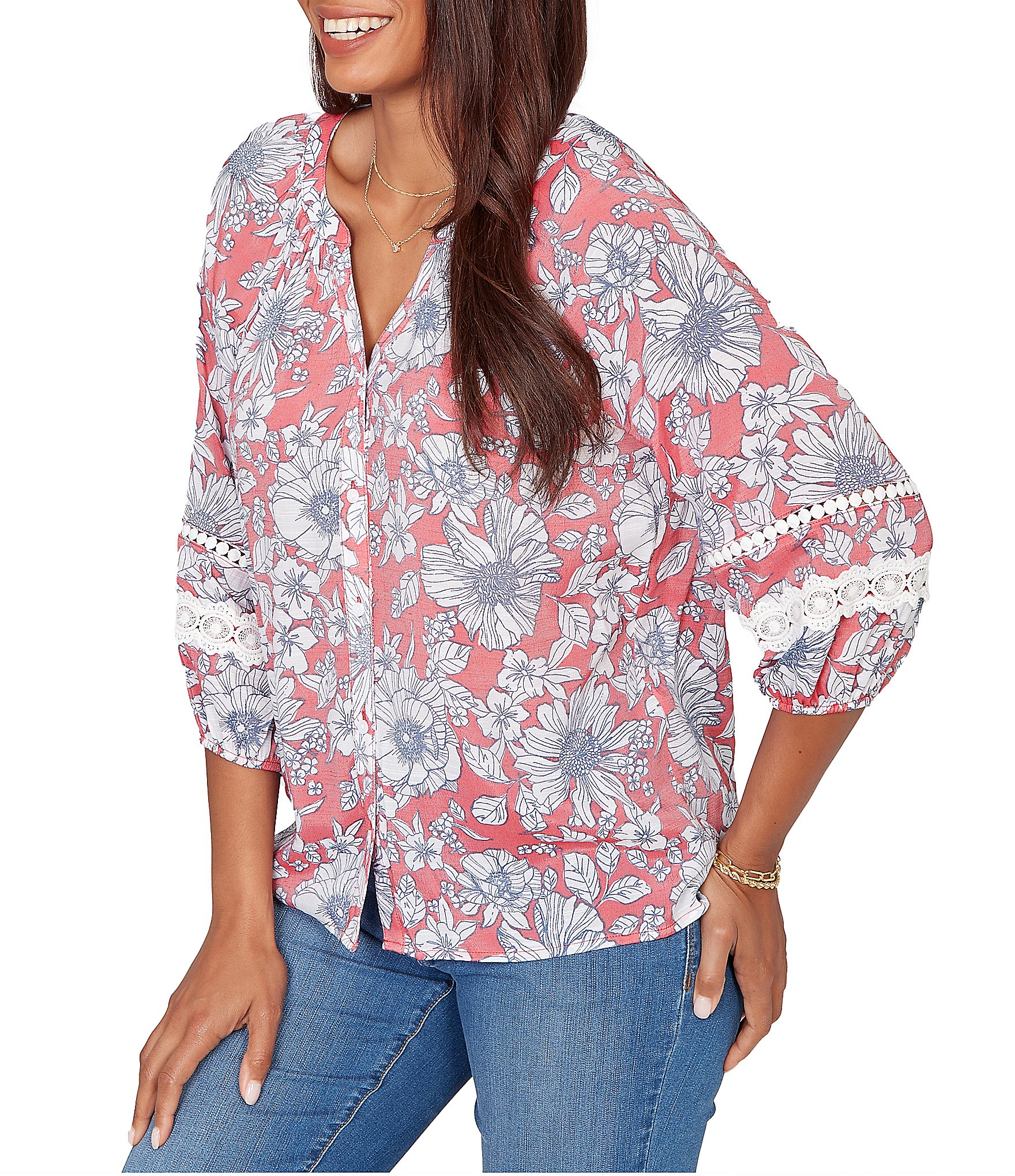 Ruby Rd. Silky Gauze Woven Floral Split V-Neck 3/4 Lace Inset Sleeve Blouse