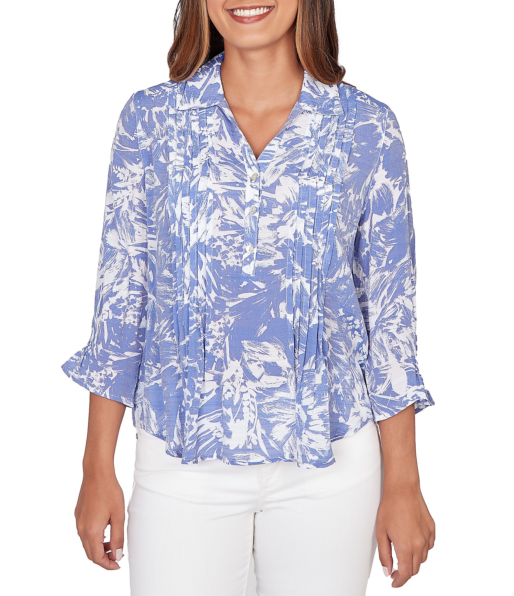 Ruby Rd. Silky Slub Woven Brushstroke Floral Collared V-Neck 3/4 Sleeve Partial Button Front Top