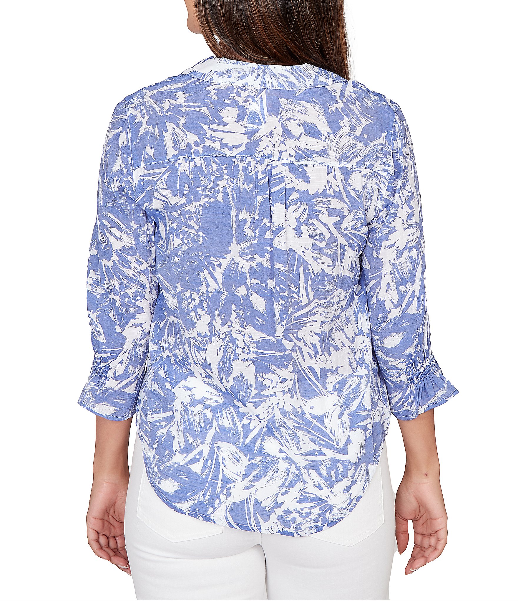 Ruby Rd. Silky Slub Woven Brushstroke Floral Collared V-Neck 3/4 Sleeve Partial Button Front Top