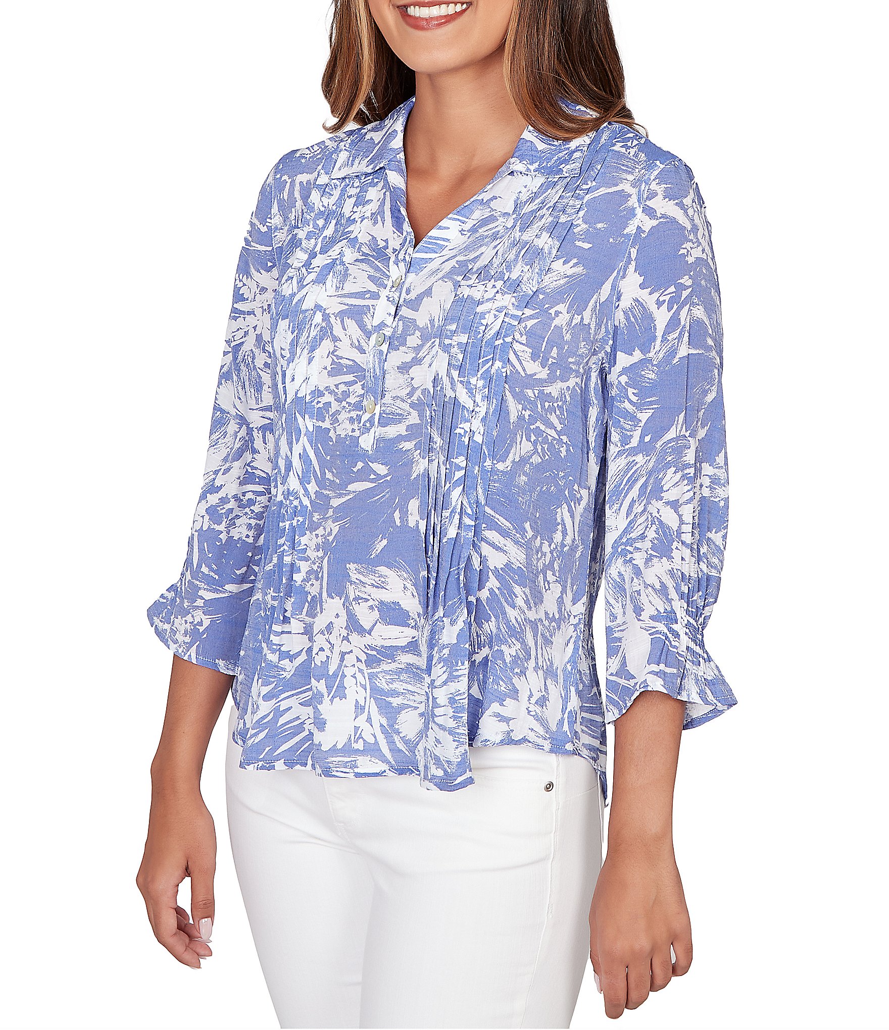 Ruby Rd. Silky Slub Woven Brushstroke Floral Collared V-Neck 3/4 Sleeve Partial Button Front Top