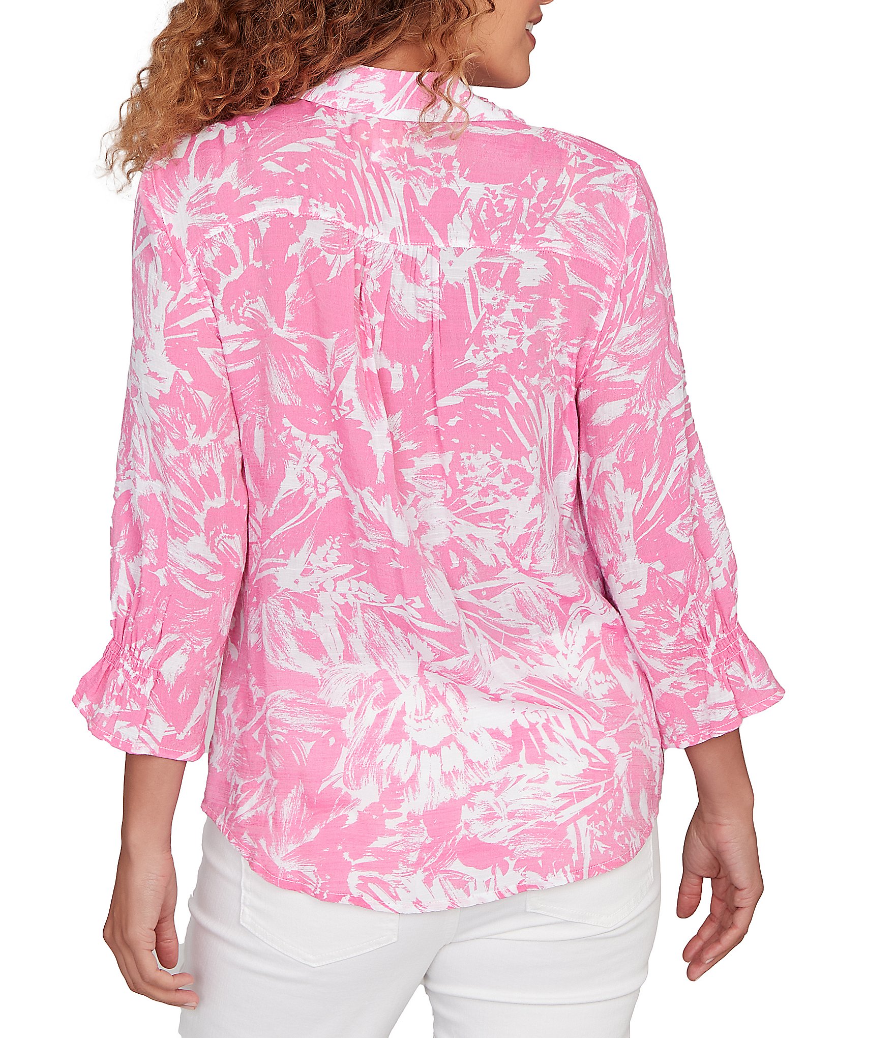 Ruby Rd. Silky Slub Woven Brushstroke Floral Collared V-Neck 3/4 Sleeve Partial Button Front Top