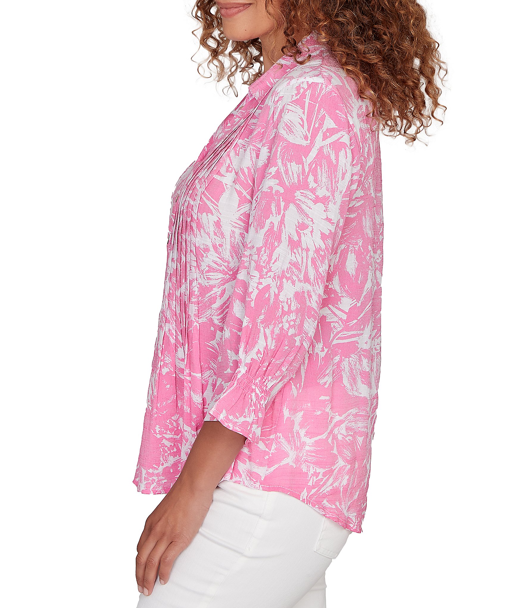 Ruby Rd. Silky Slub Woven Brushstroke Floral Collared V-Neck 3/4 Sleeve Partial Button Front Top