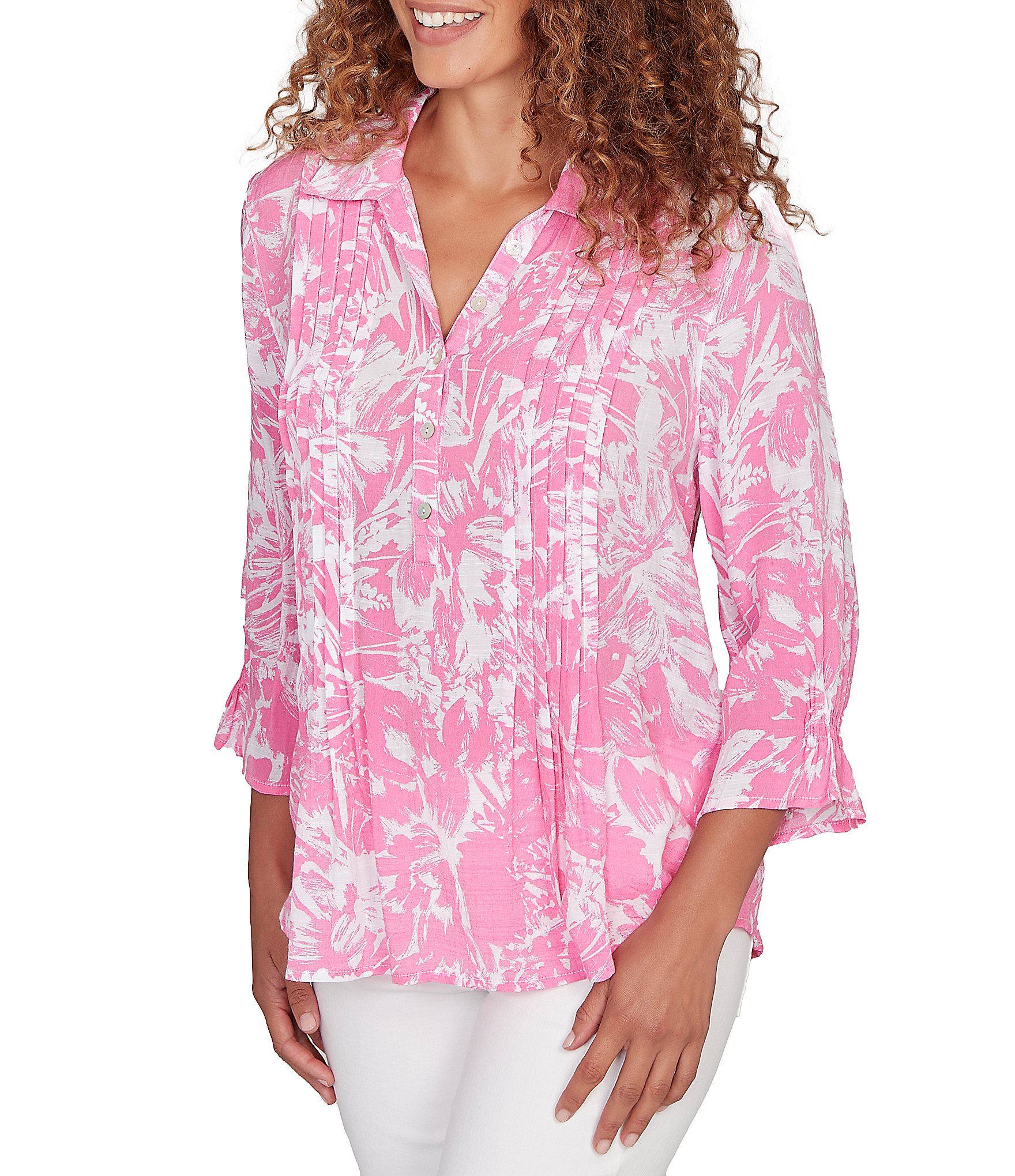 Ruby Rd. Silky Slub Woven Brushstroke Floral Collared V-Neck 3/4 Sleeve Partial Button Front Top