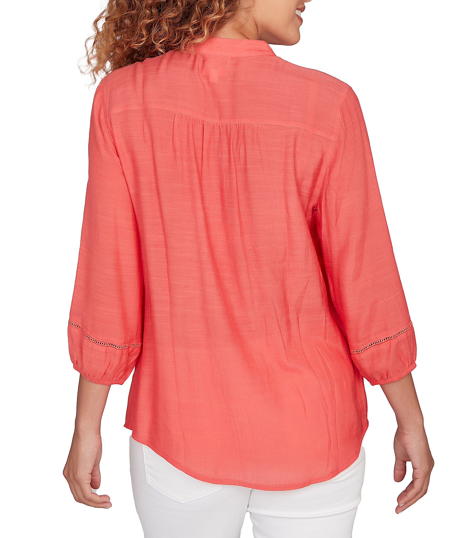 Ruby Rd. Silky Slub Woven Split V-Neck 3/4 Sleeve Button Front Top