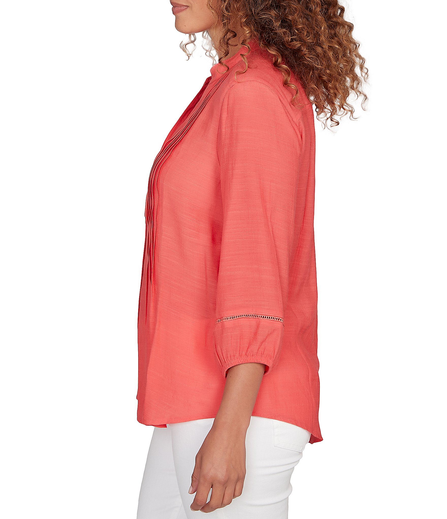 Ruby Rd. Silky Slub Woven Split V-Neck 3/4 Sleeve Button Front Top