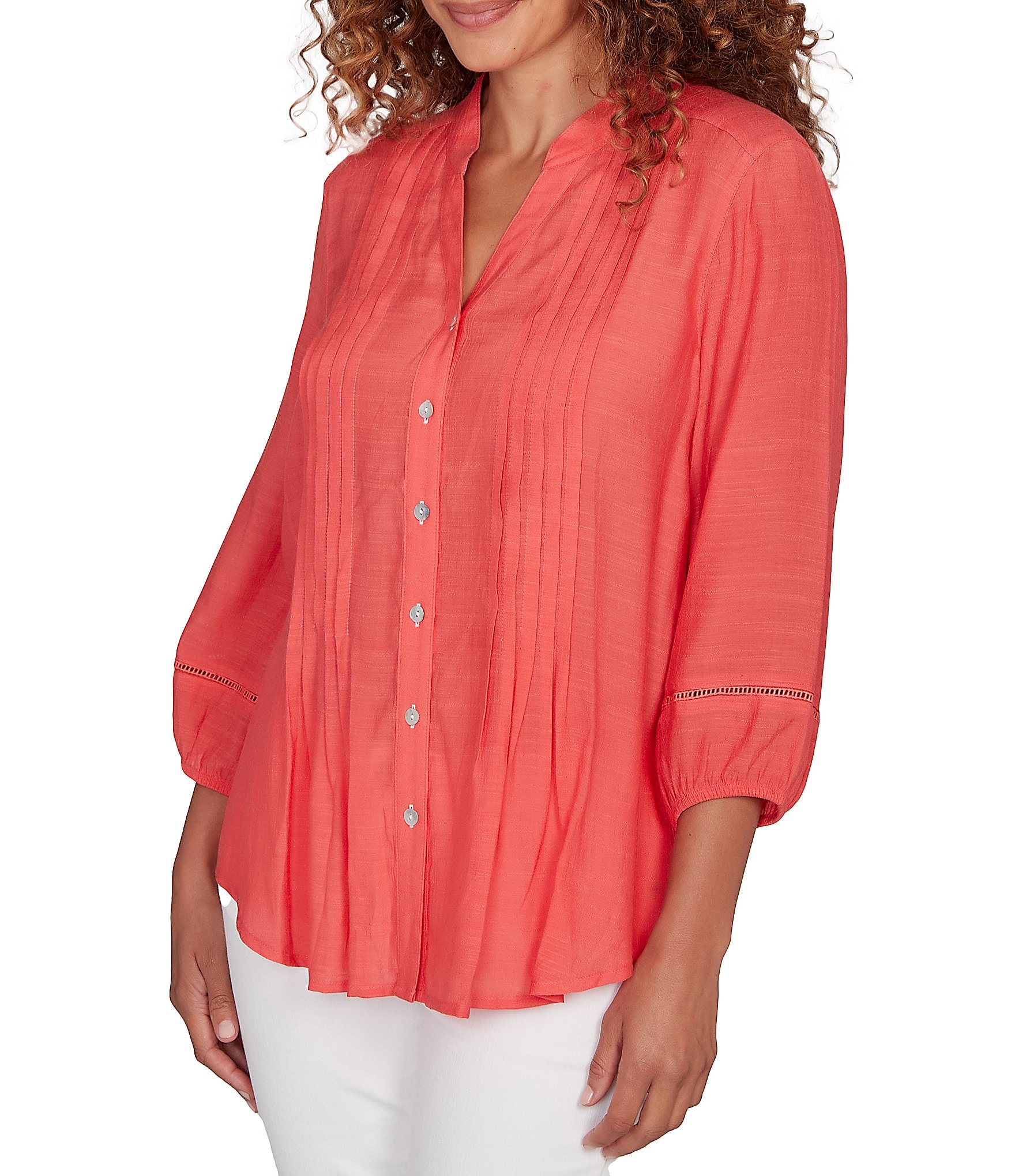 Ruby Rd. Silky Slub Woven Split V-Neck 3/4 Sleeve Button Front Top