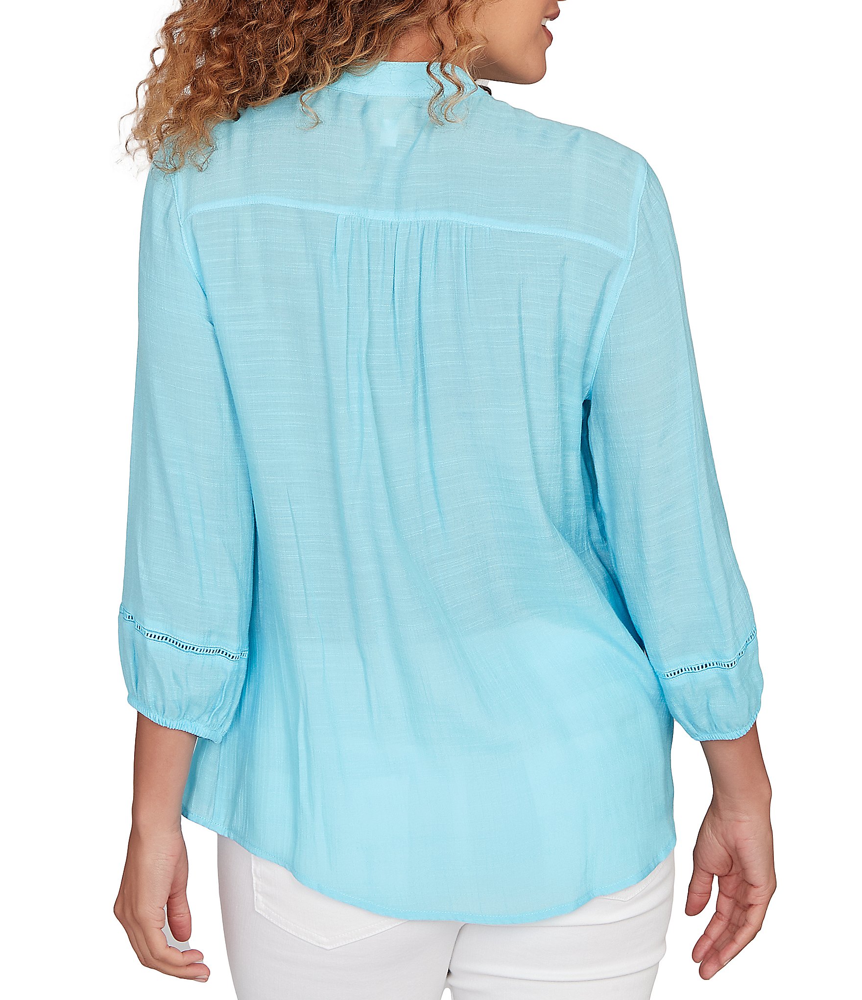 Ruby Rd. Silky Slub Woven Split V-Neck 3/4 Sleeve Button Front Top