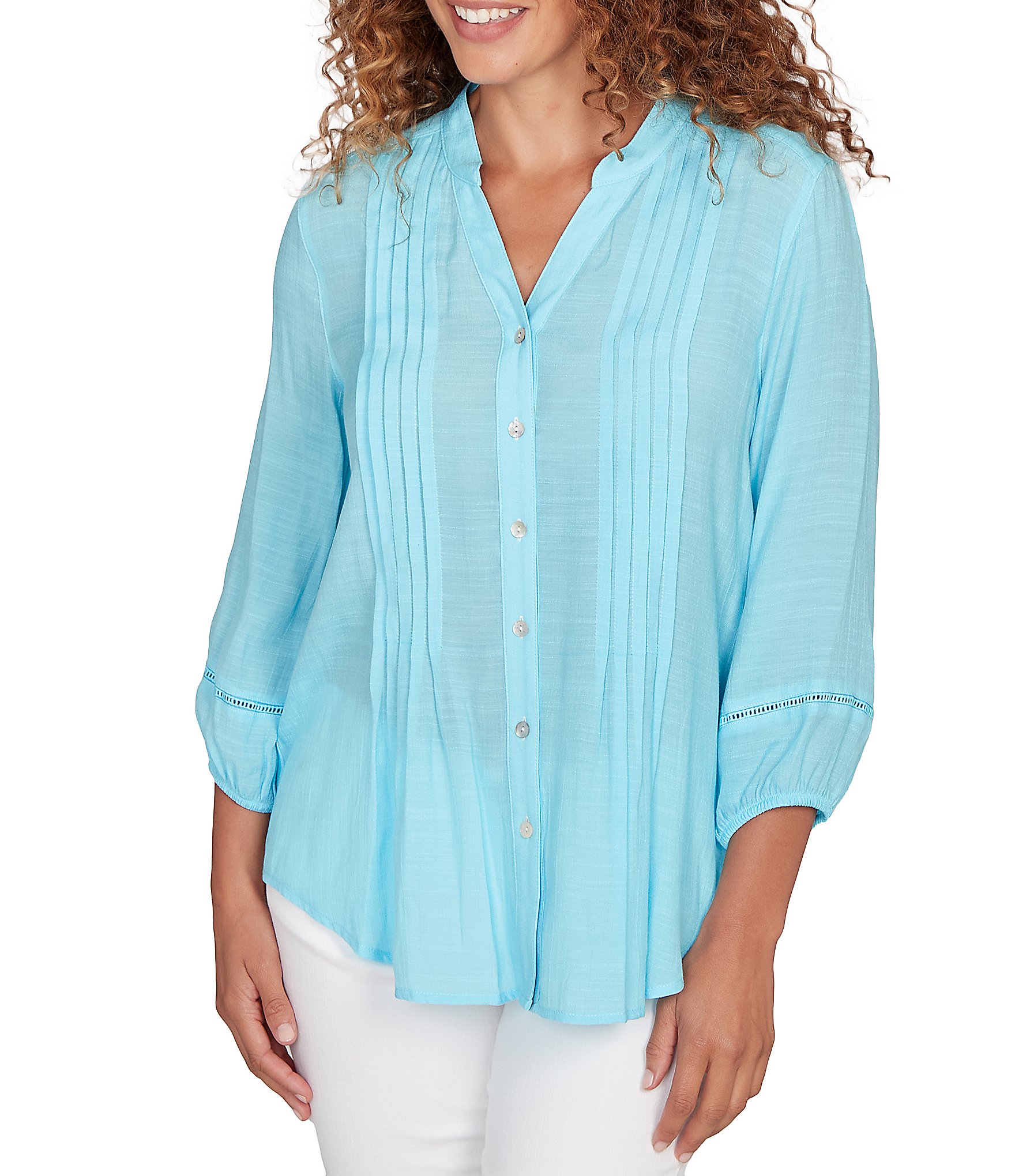 Ruby Rd. Silky Slub Woven Split V-Neck 3/4 Sleeve Button Front Top