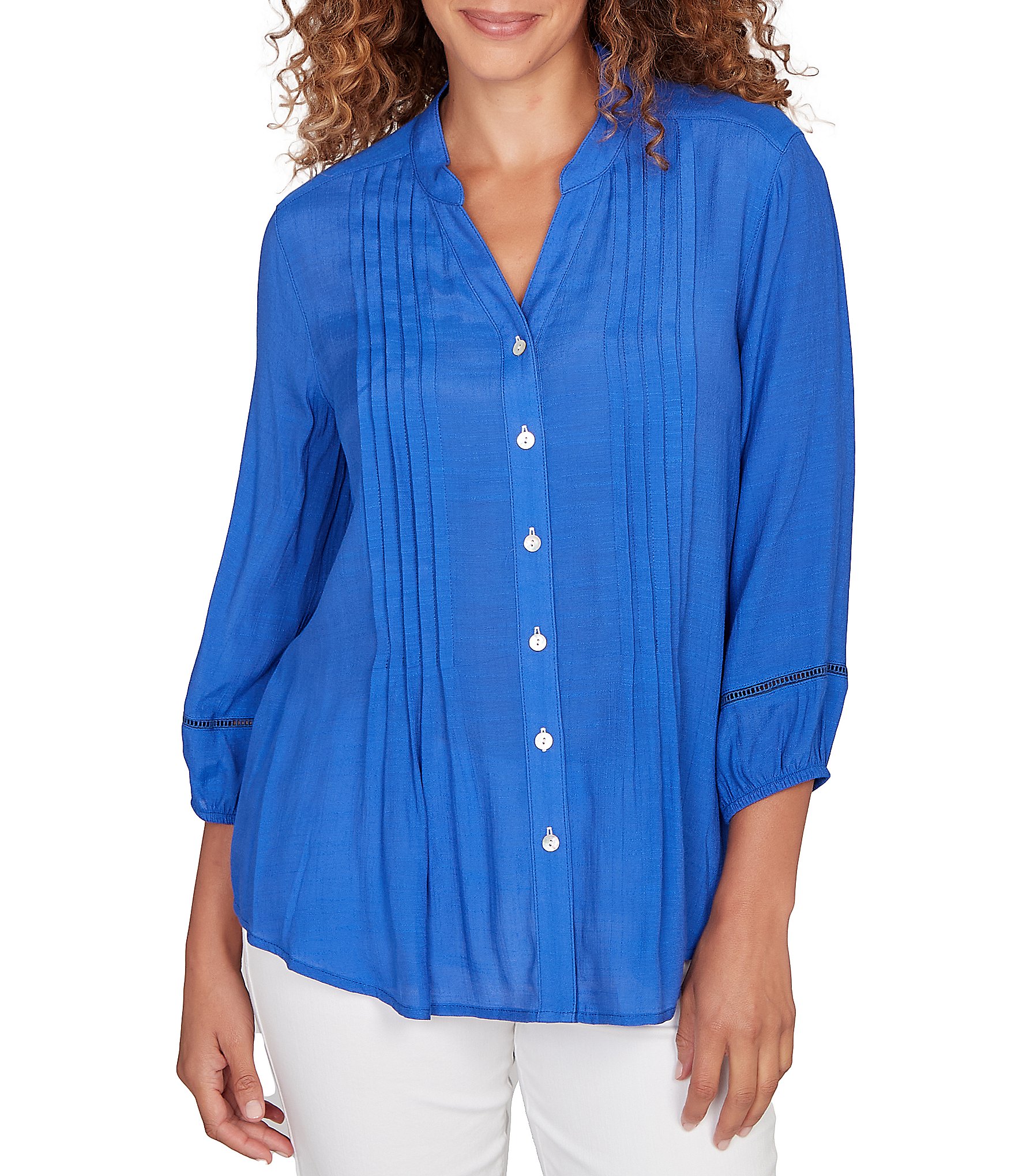 Ruby Rd. Silky Slub Woven Split V-Neck 3/4 Sleeve Button Front Top