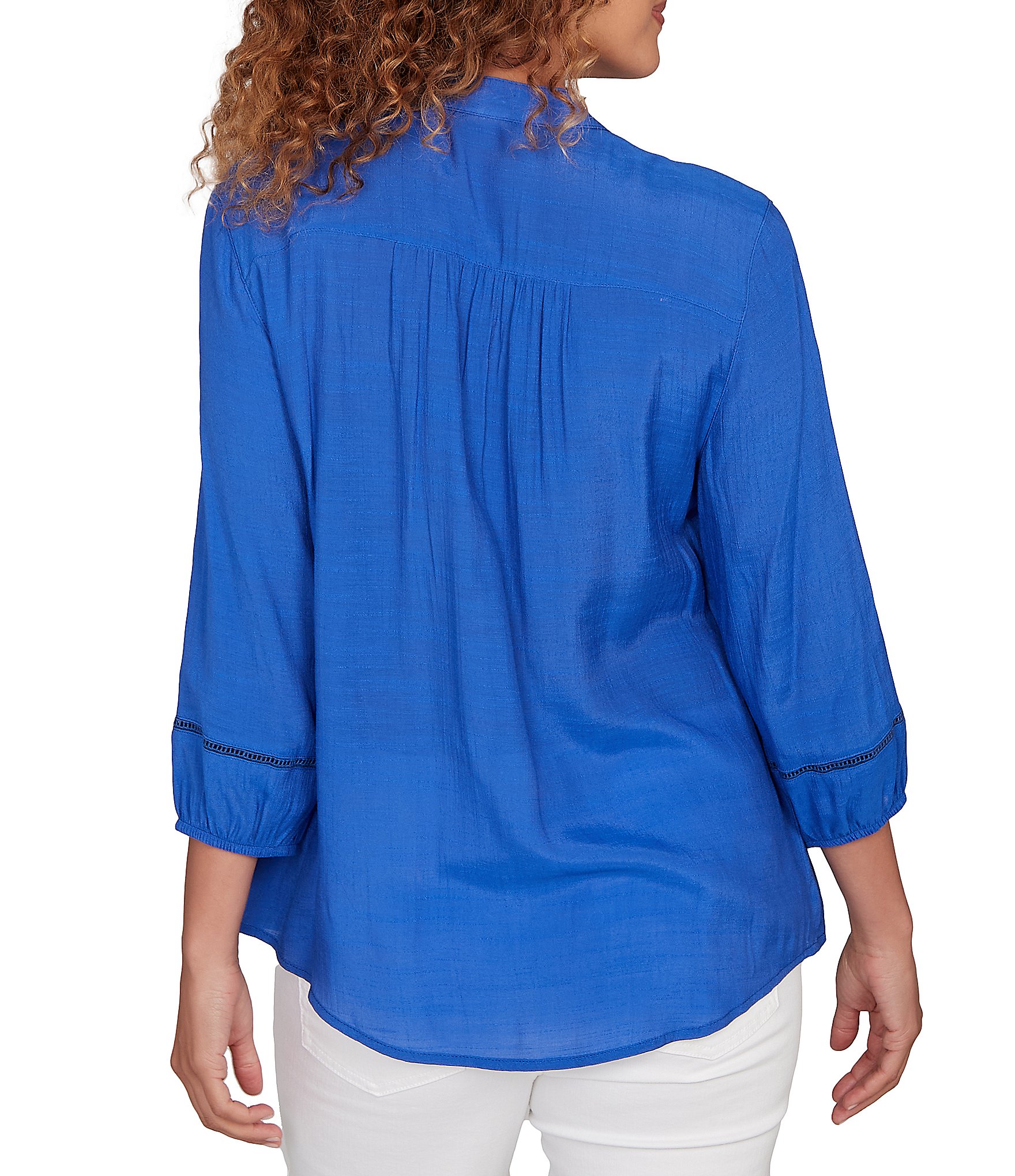 Ruby Rd. Silky Slub Woven Split V-Neck 3/4 Sleeve Button Front Top