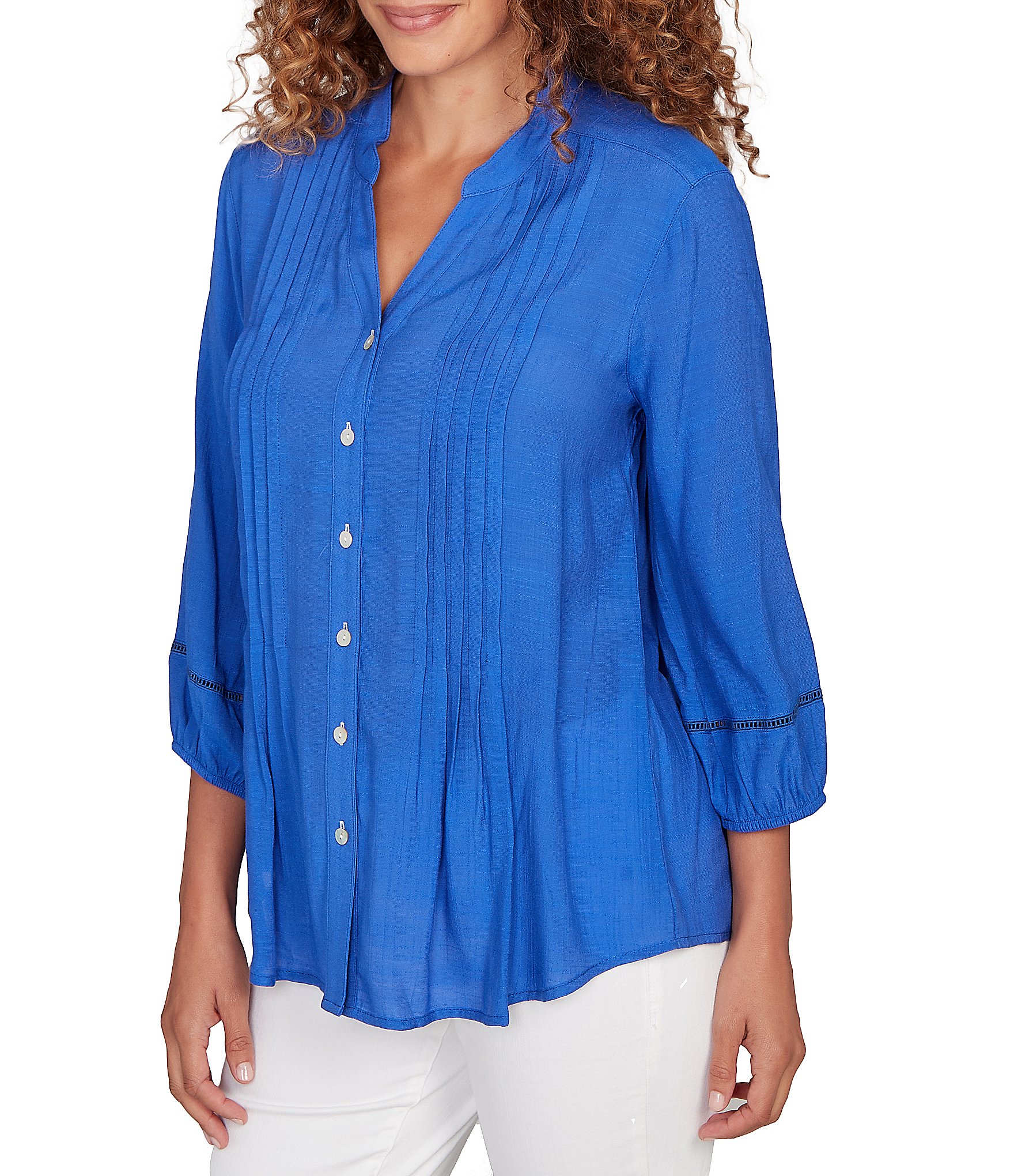 Ruby Rd. Silky Slub Woven Split V-Neck 3/4 Sleeve Button Front Top