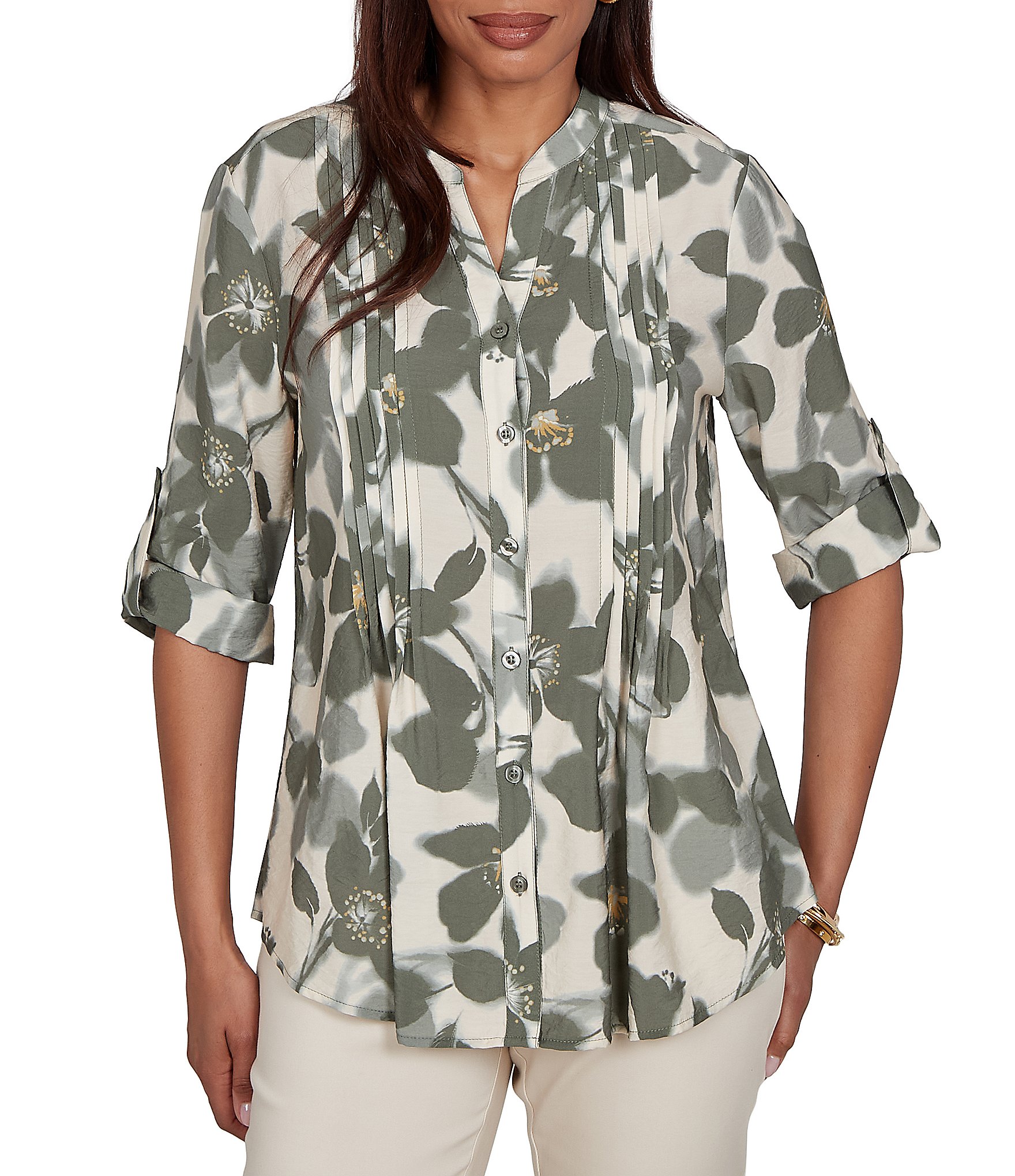 Ruby Rd. Silky Voile Shadow Floral Split V-Neck 3/4 Sleeve Pleated Button Front Shirt