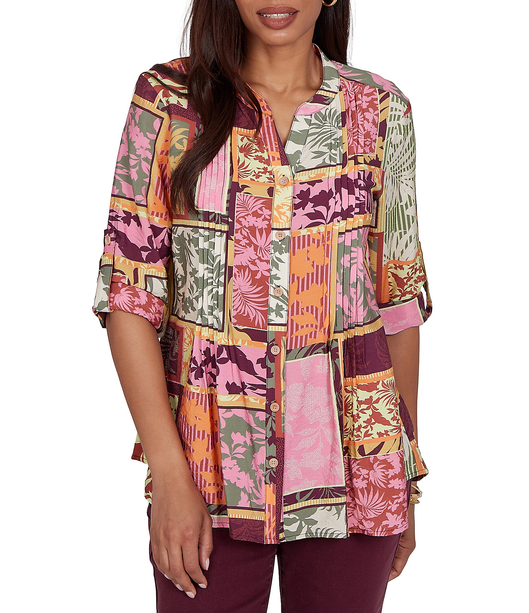 Ruby Rd. Silky Voile Woven Patchwork Tropical Print Split V-Neck 3/4 Roll-Tab Sleeve Button Front Shirt