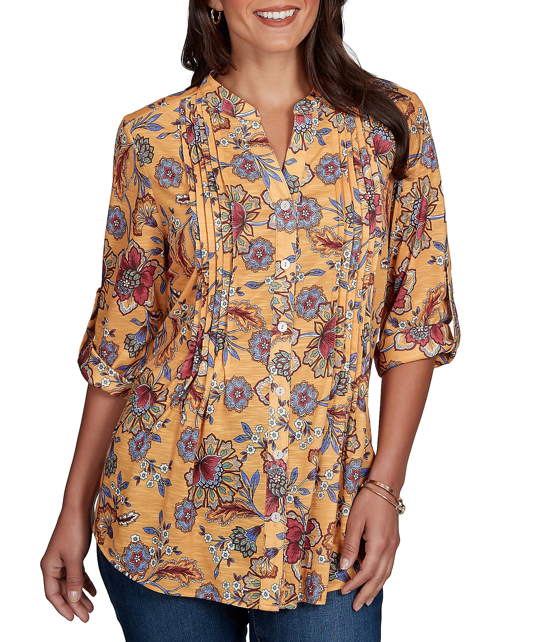 Ruby Rd. Slub Jersey Floral Vines Split V-Neck Elbow Roll-Tab Sleeve Button-Front Shirt